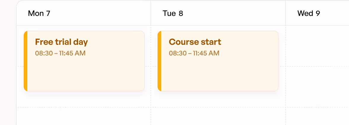 Calendar showing Free trial day on Monday 7 from 08:30 to 11:45 AM and Course start on Tuesday 8 from 08:30 to 11:45 AM.