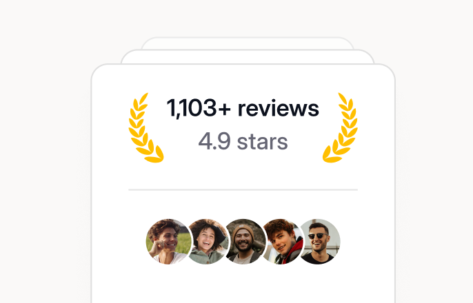 1,103+ reviews with a 4.9-star rating displayed above five circular profile photos of diverse smiling people.