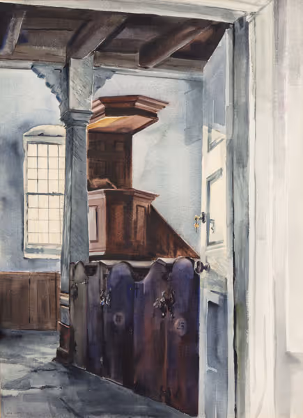 Lois Rapp: The Muhlenberg Pulpit-Trappe(PA) Church 1743 (Undated) Watercolor
