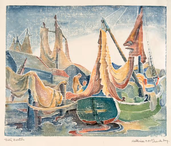 Katharine Hood McCormick: Dirty Weather (1952) Woodcut in color