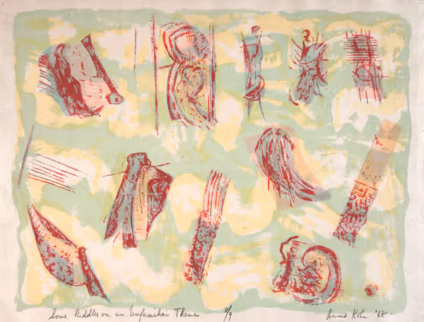 Bernard A. Kohn: Some Riddles on an Unfamiliar Theme (1966) Color wood engraving