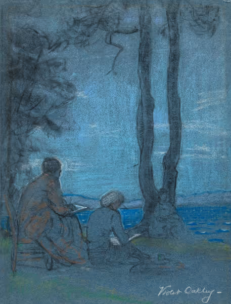 Two Figures Seated at Lakeside