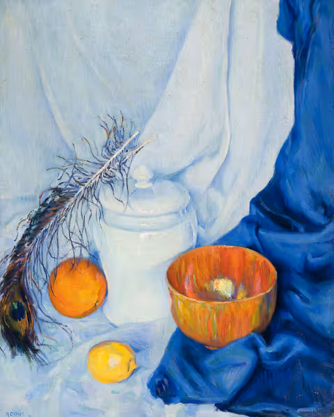 Roy C. Nuse: Still Life with Peacock Feather (Undated) Oil on canvasboard
