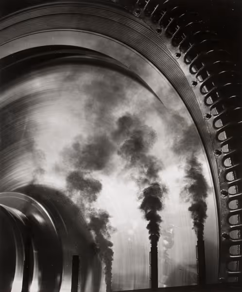 Smokestacks Reflected in Turbine
