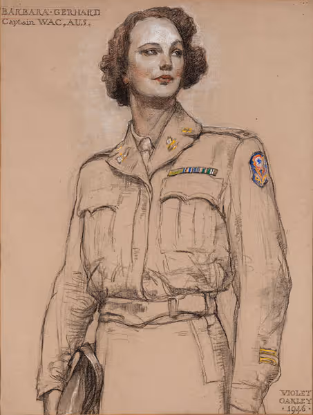 Violet Oakley: Mrs. Charles Stewart Wurts IV (nee Barbara Gerhard) (1946) Charcoal, sanguine, and white chalk on gray paper