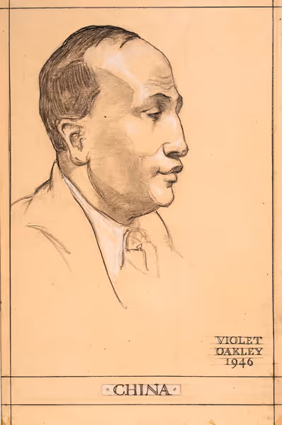 Violet Oakley: China, Dr. P.C. Chang, United Nations Series (1946) Black and white conté on buff paper
