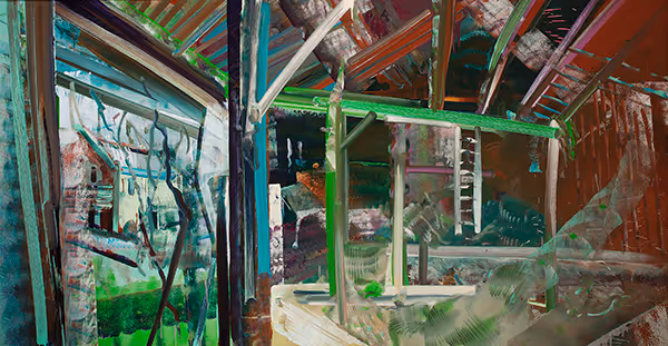 David Brewster: Osborn Cabin through Post and Beam (2013) Oil on gator board