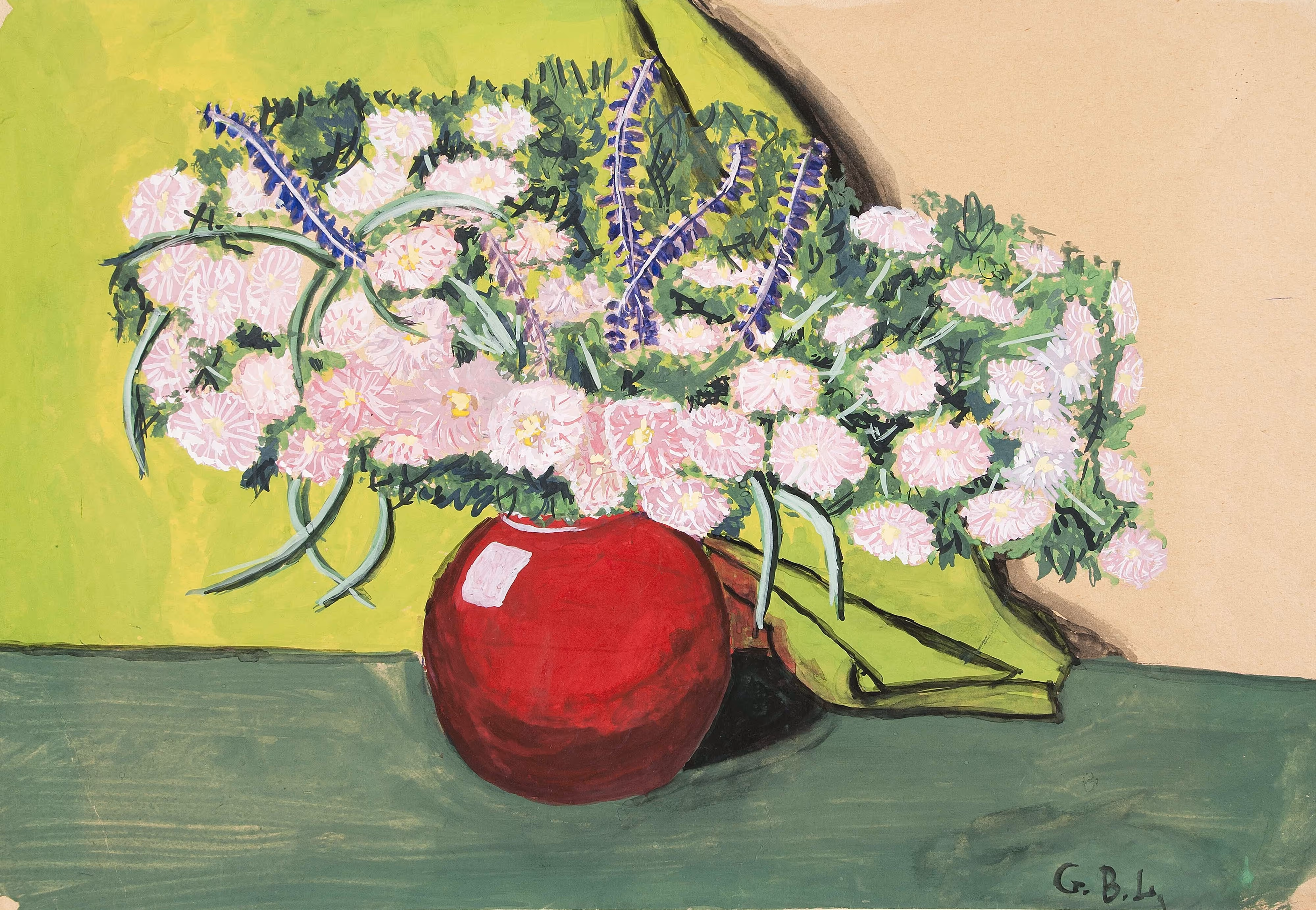 Untitled [Vase of flowers with green cloth]