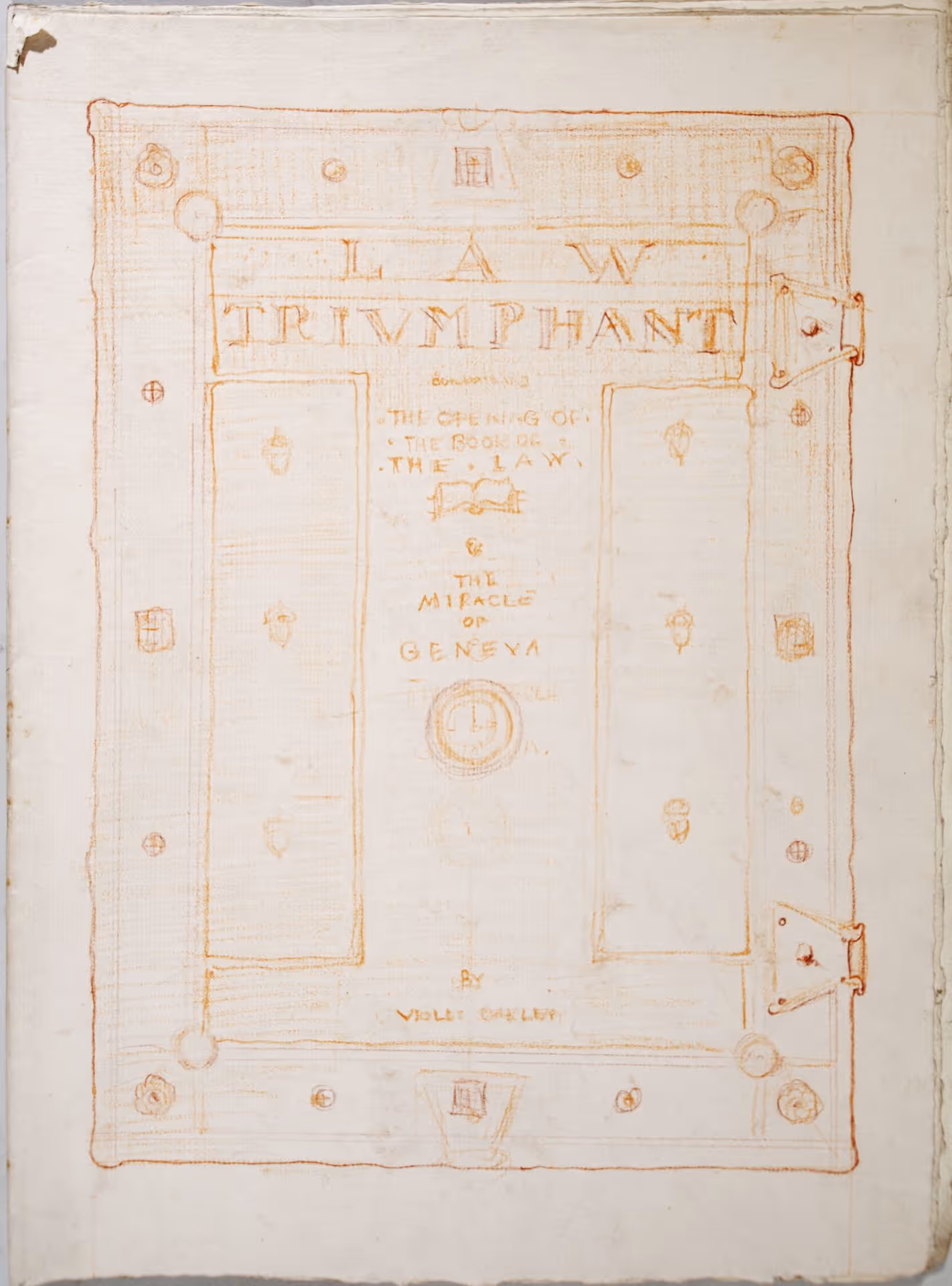 Illuminated text study of leather cover for Law Triumphant: The Opening of the Book of the Law and The Miracle of Geneva [Philadelphia, 1933]