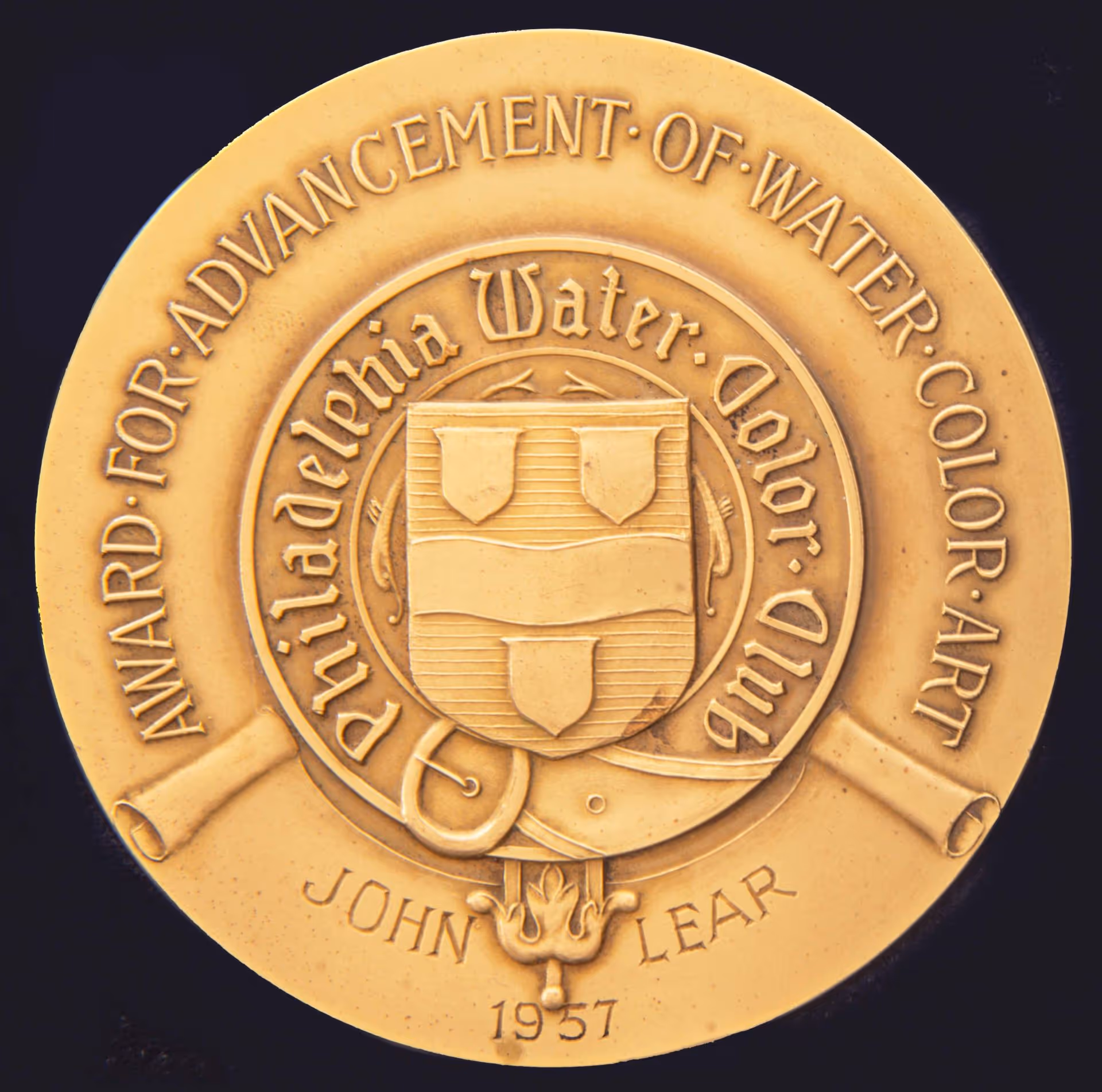 Pennsylvania Academy of the Fine Arts Water Color Club medal (verso) awarded to artist John Lear in 1957