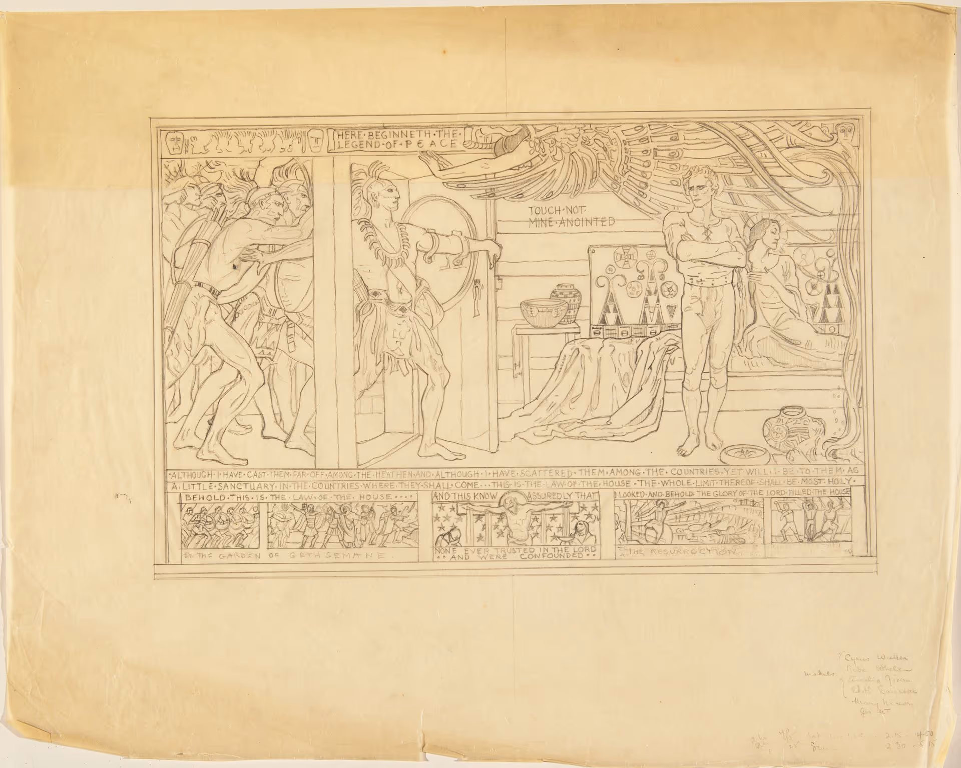 Illustration study of Page [64] "Sanctuary in the Wilderness" for The Holy Experiment: Our Heritage from William Penn, 1644-1944 [Philadelphia: Cogslea Studio, 1950]