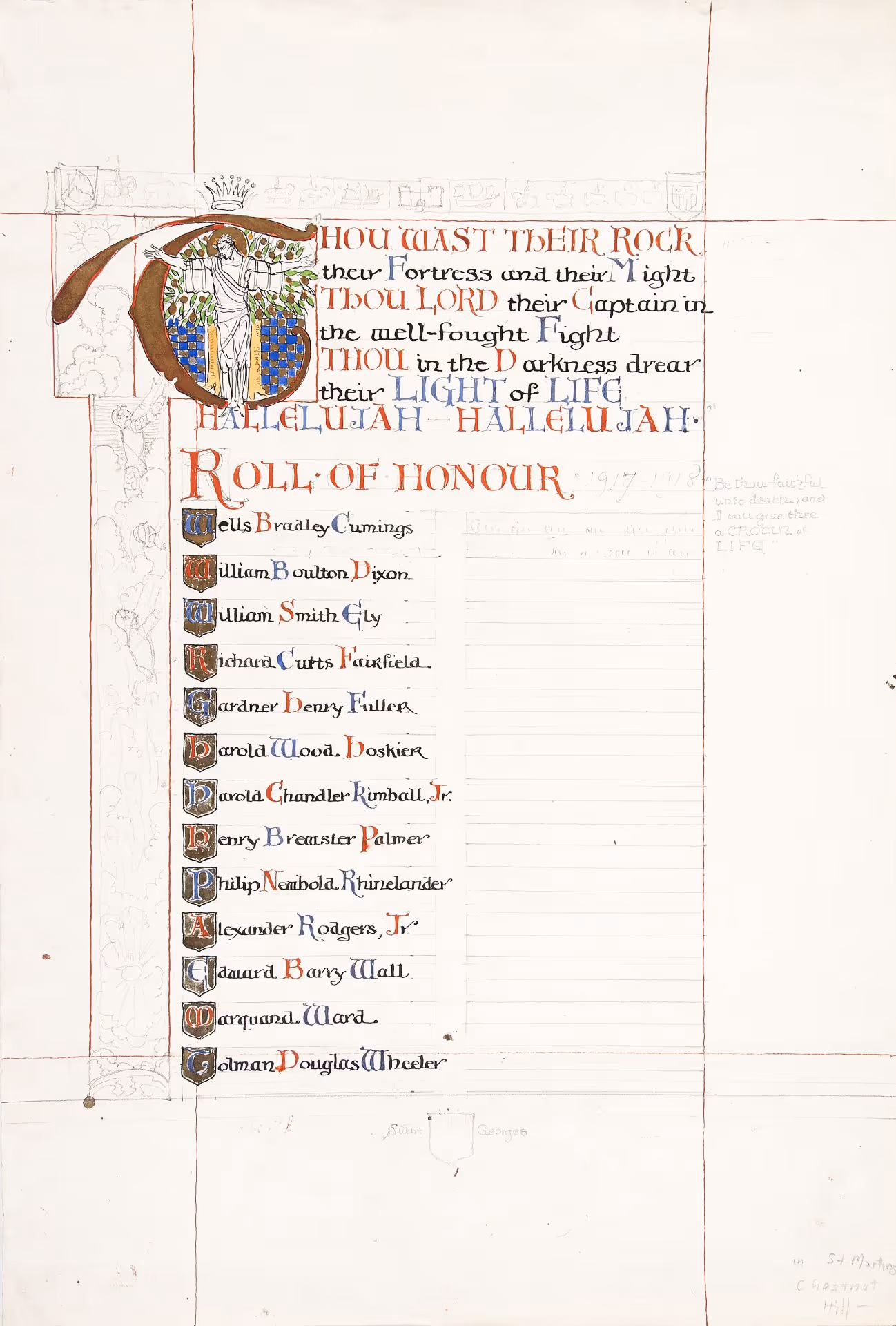 Illuminated text study for WWI Roll of Honour, St. George's School, Middletown, R.I.