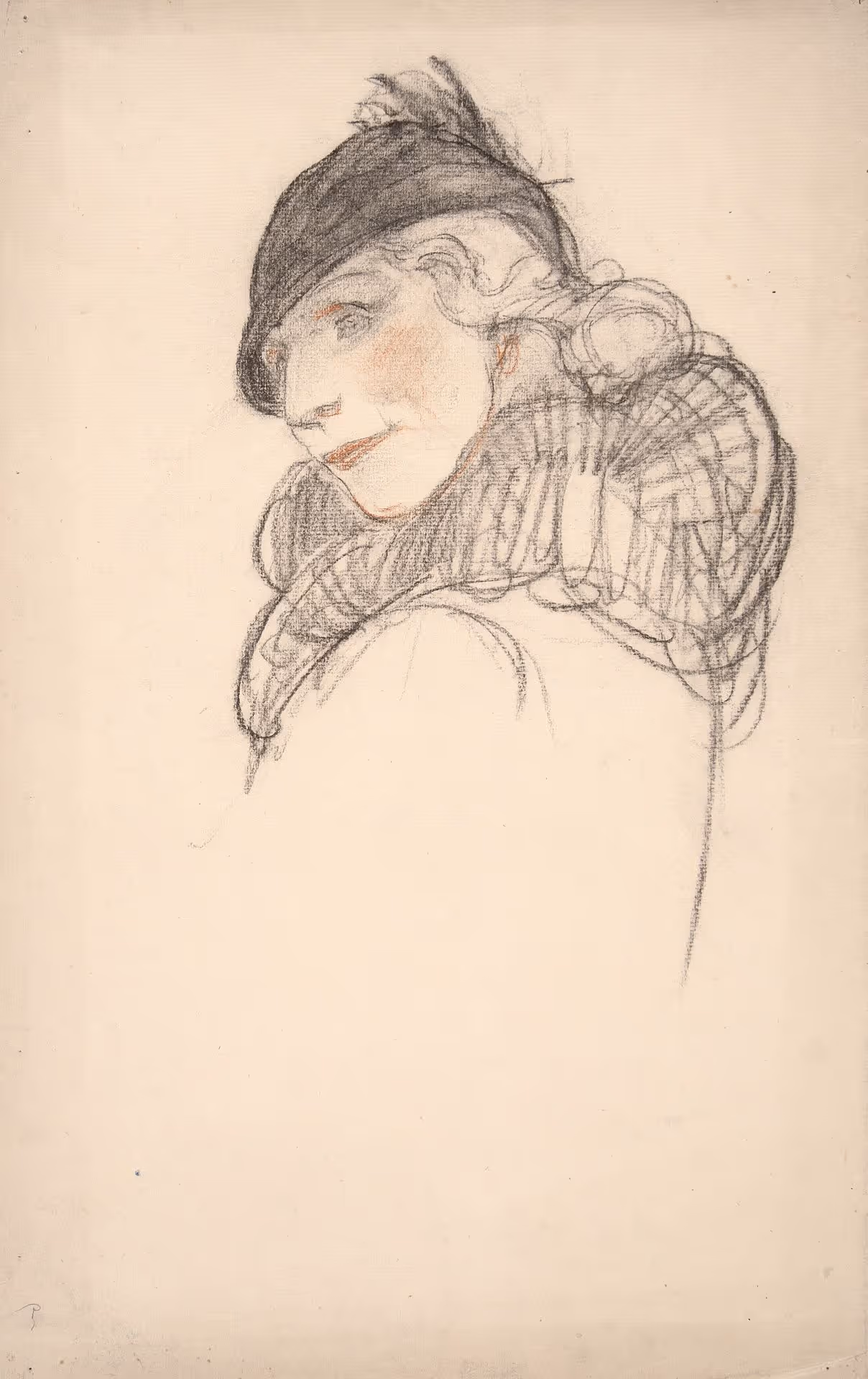 Bust portrait study of unidentified woman wearing hat and fur collar