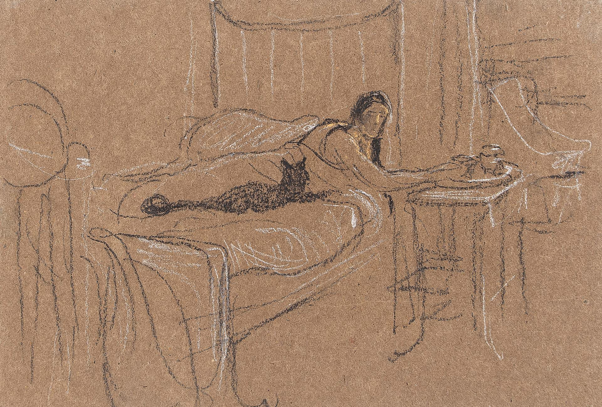 Portrait study of unidentified woman in bed with cat