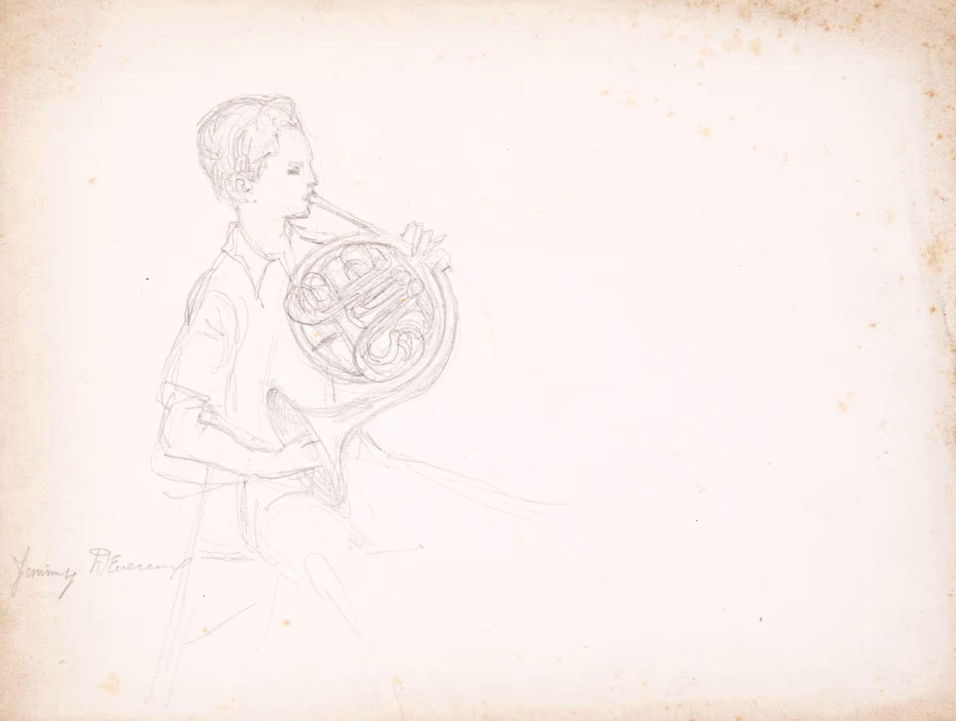Portrait study of Jimmy Devereux [?] playing the french horn