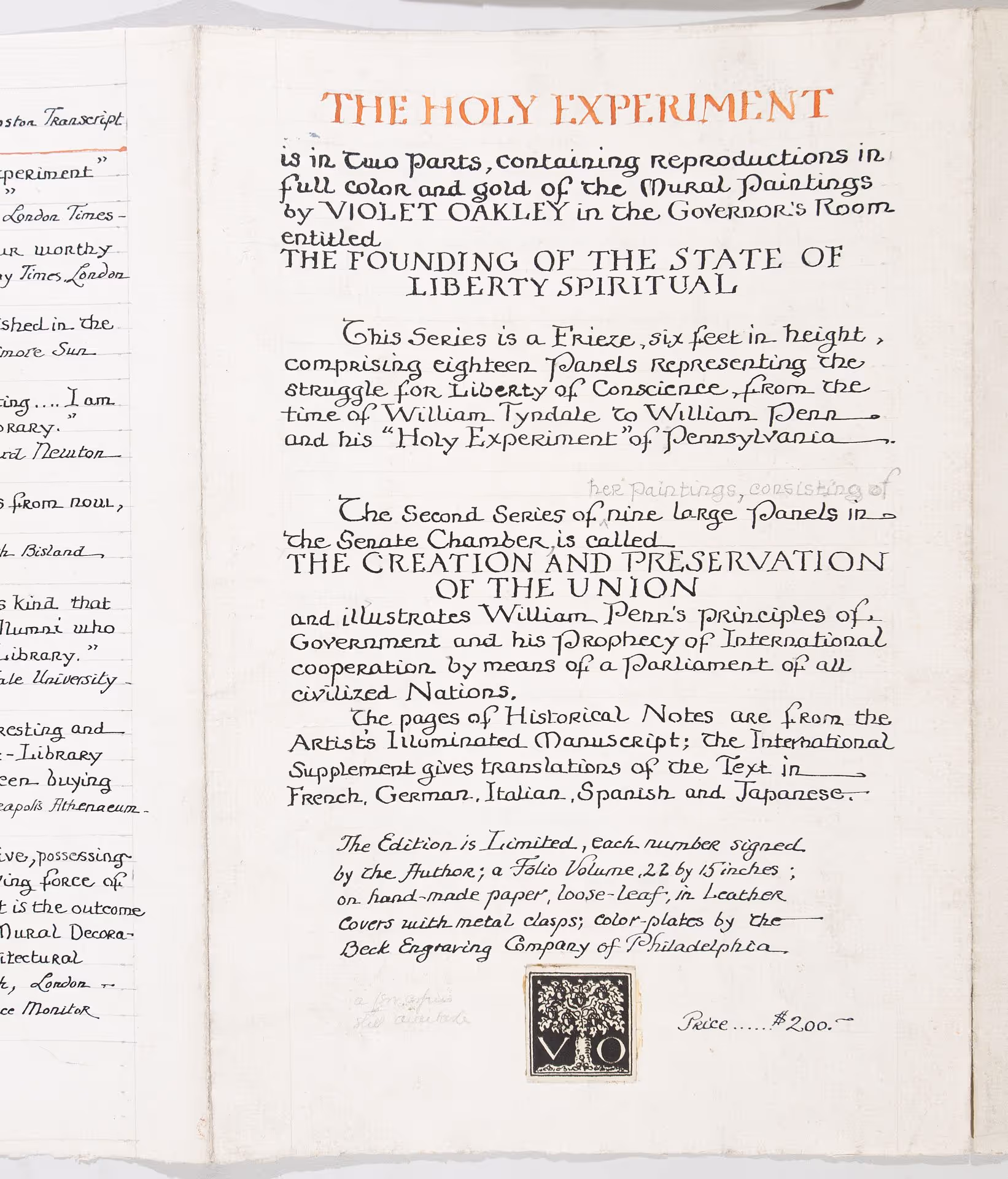 Mock-up of back cover of prospectus for The Holy Experiment: A Message to the World from Pennsylvania [Philadelphia: Cogslea Studio Publications, 1922]