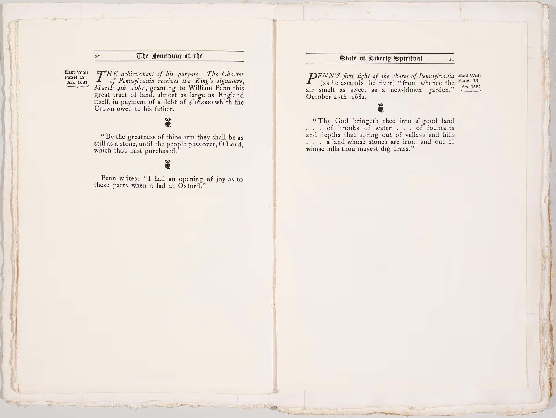 Mock-up of printed Page [20] [text] and Page [21] [text] for The Holy Experiment: A Message to the World from Pennsylvania [Philadelphia: Cogslea Studio Publications, 1922]