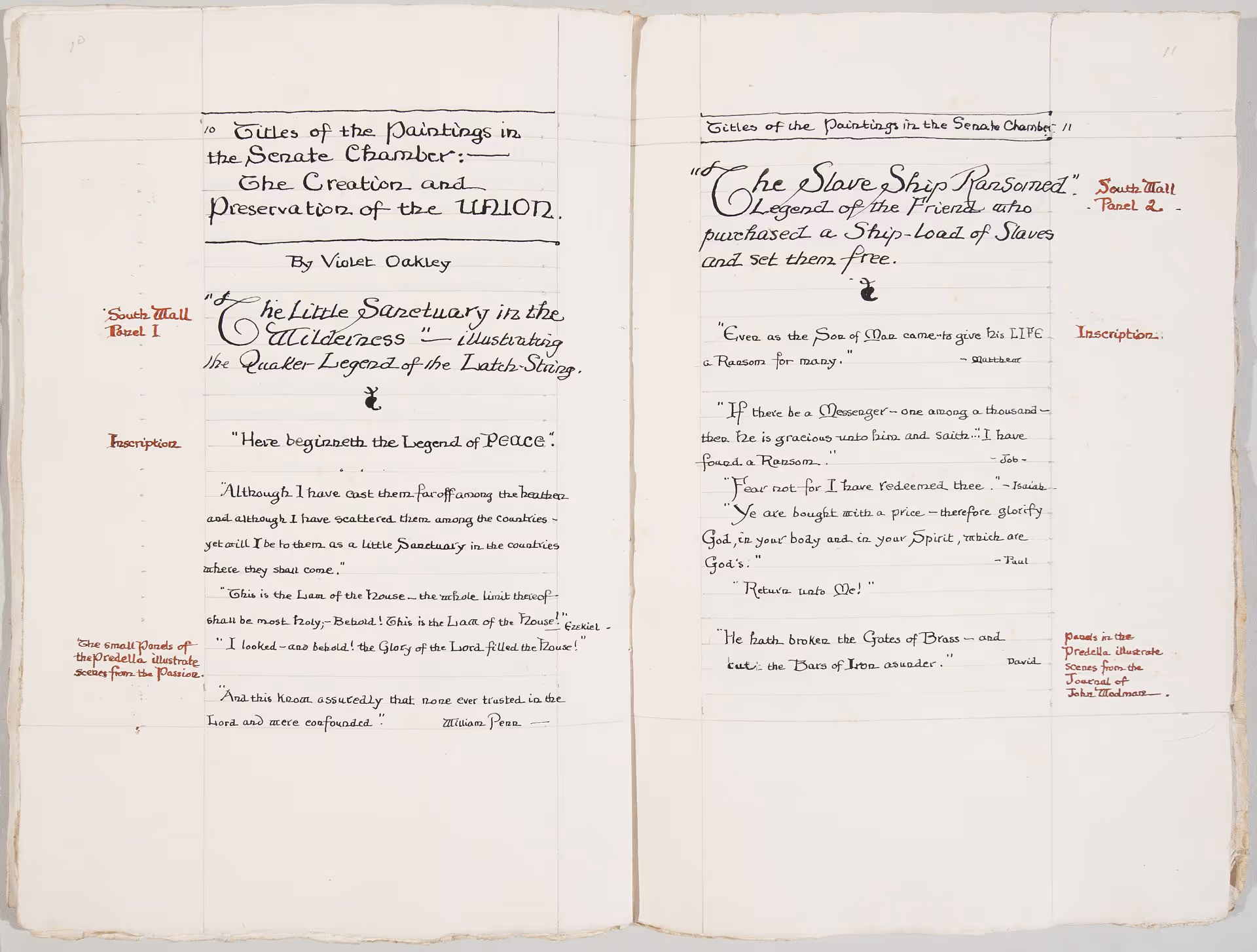Mock-up of Page [10] Title of the Paintings in the Senate Chamber [text] and Page [11] [text] for The Holy Experiment: A Message to the World from Pennsylvania [Philadelphia: Cogslea Studio Publications, 1922]