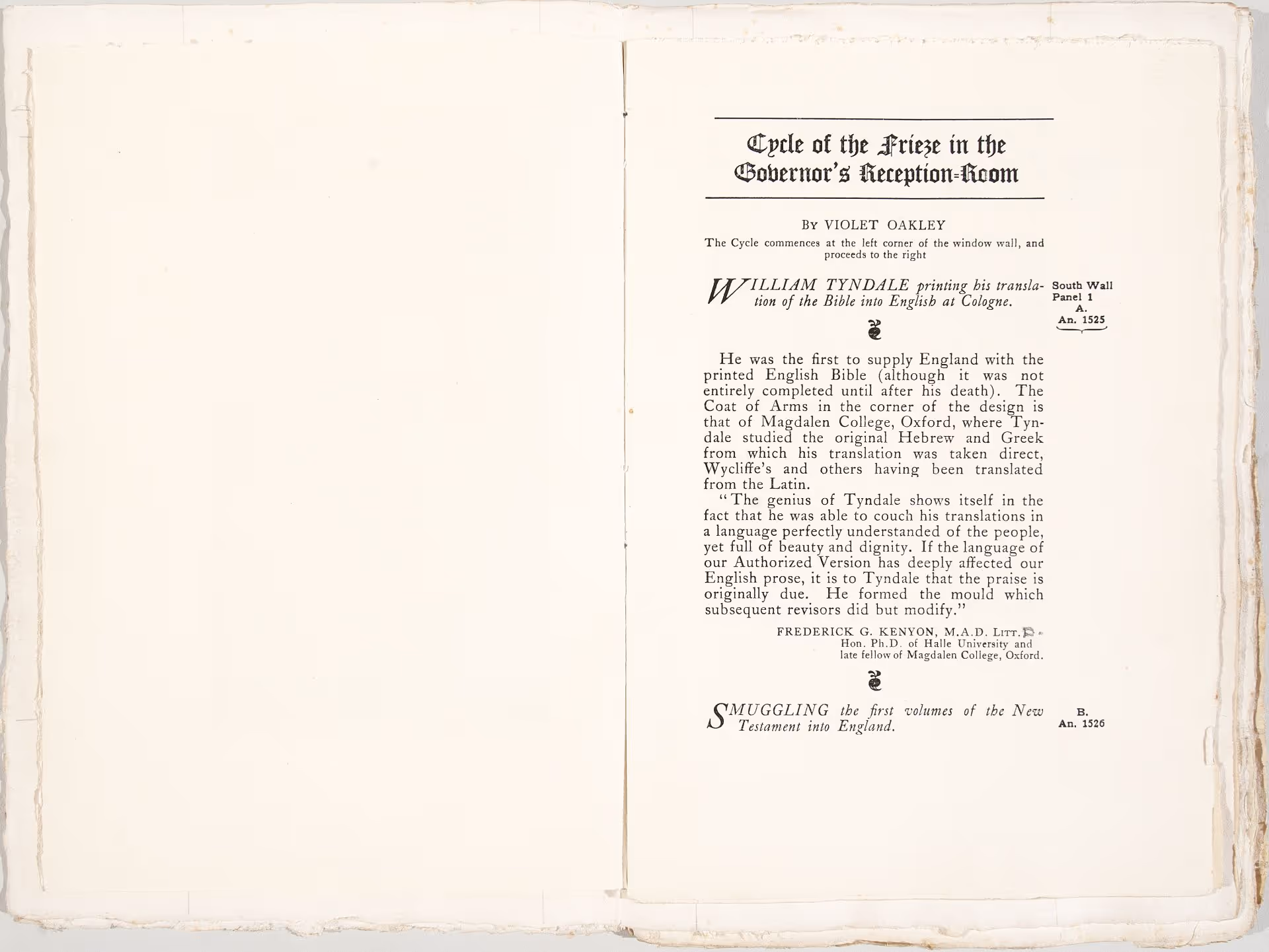 Mock-up of printed page [8] [free page] and page [9] [text] for The Holy Experiment: A Message to the World from Pennsylvania [Philadelphia: Cogslea Studio Publications, 1922]