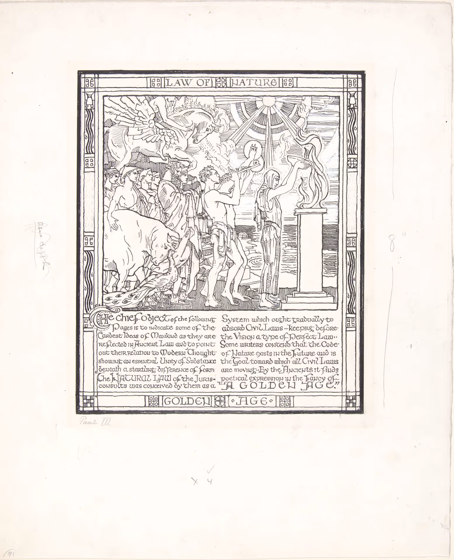 Illustration of "Law of Nature" mural in the Supreme Court Room for The Holy Experiment: Our Heritage from William Penn, 1644-1944 [Philadelphia: Cogslea Studio, 1950]