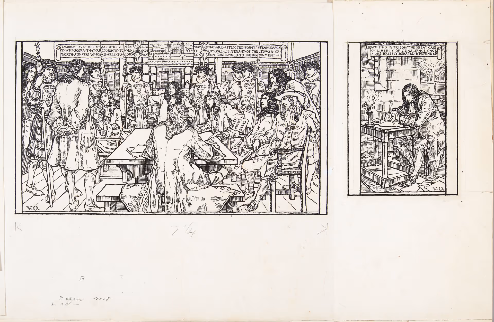 Illustrations of "I would have thee..." and "Writing in Prison" in the Governor's Reception Room for The Holy Experiment: Our Heritage from William Penn, 1644-1944 [Philadelphia: Cogslea Studio, 1950]