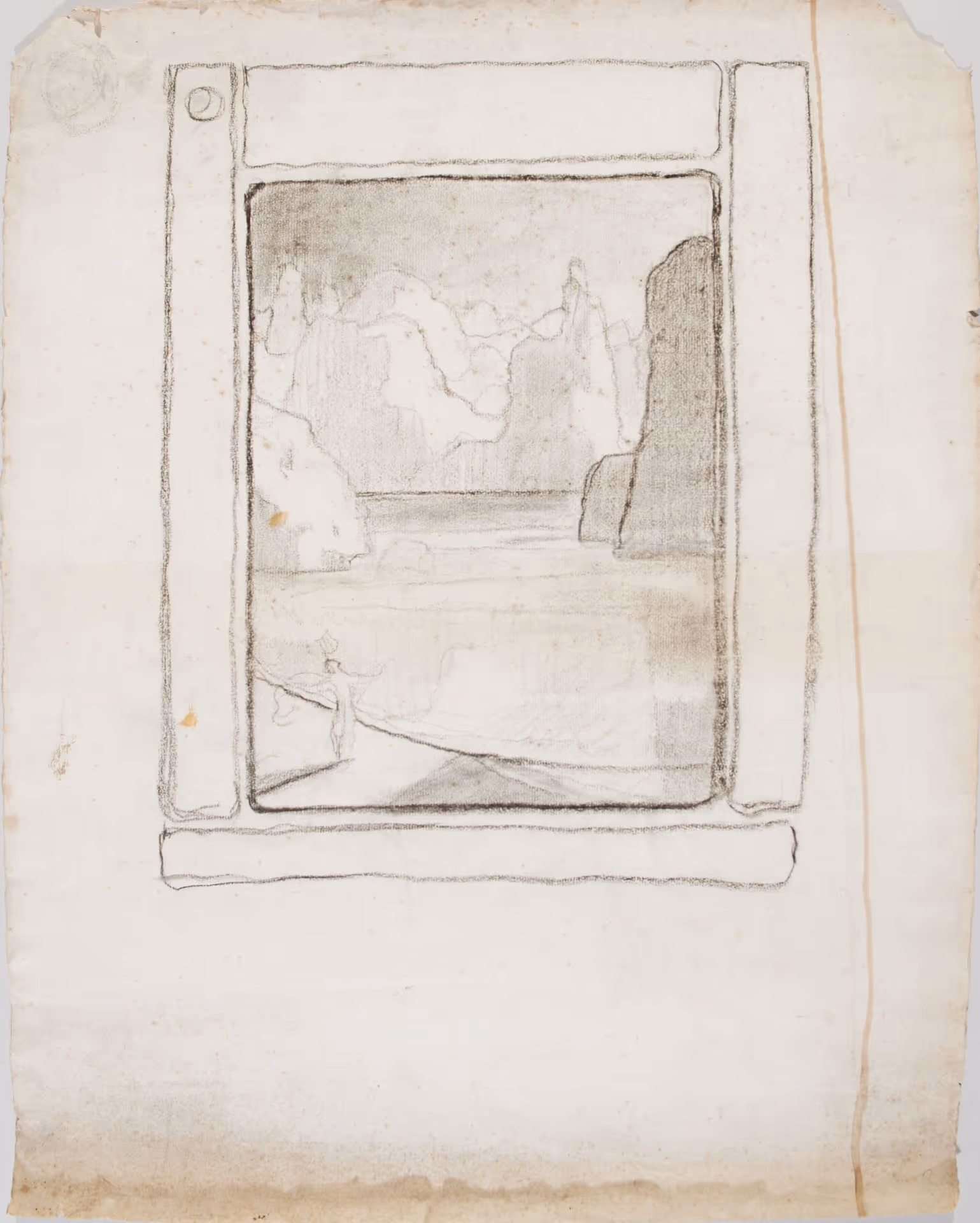 Illustration study of landscape with mountains and lake and figure in foreground for unidentified project