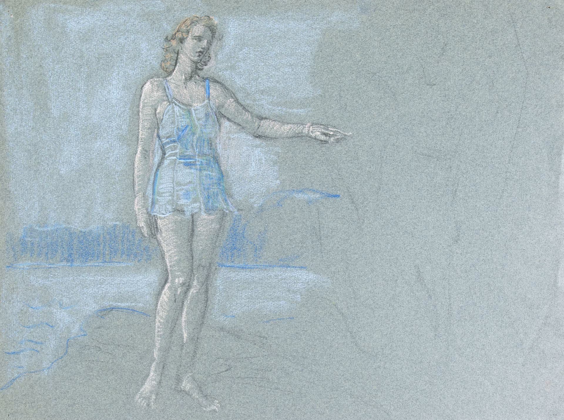 Full-length study of woman dressed in bathing suit and standing in a landscape
