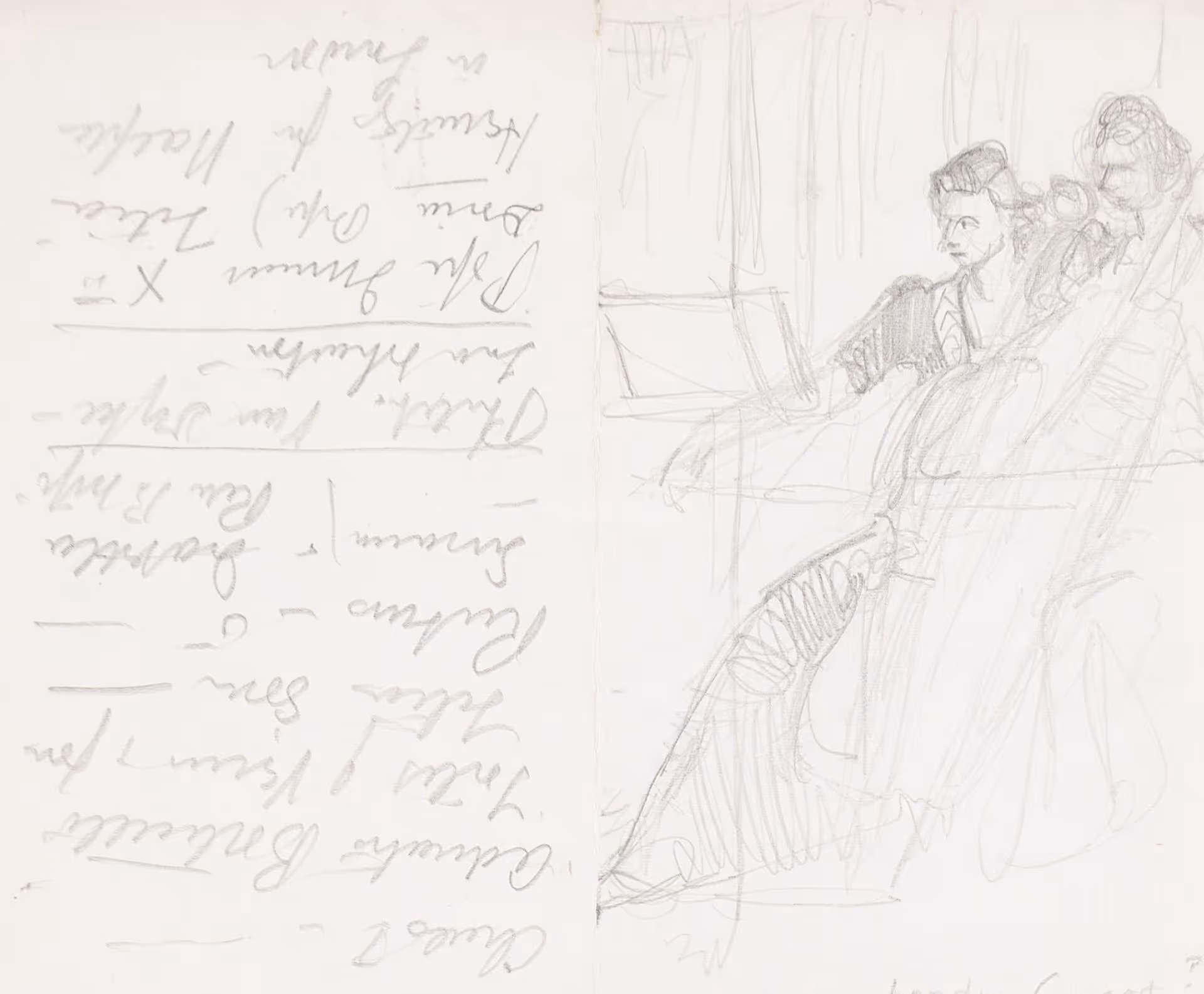 Study of woman playing cello with notations filling left side of paper
