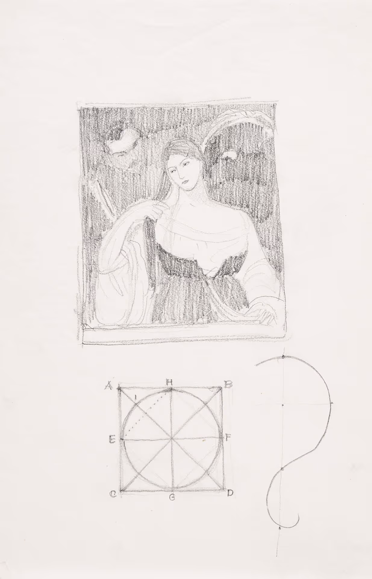 Study of a portrait of a woman with man looking over her shoulder and geometric figures