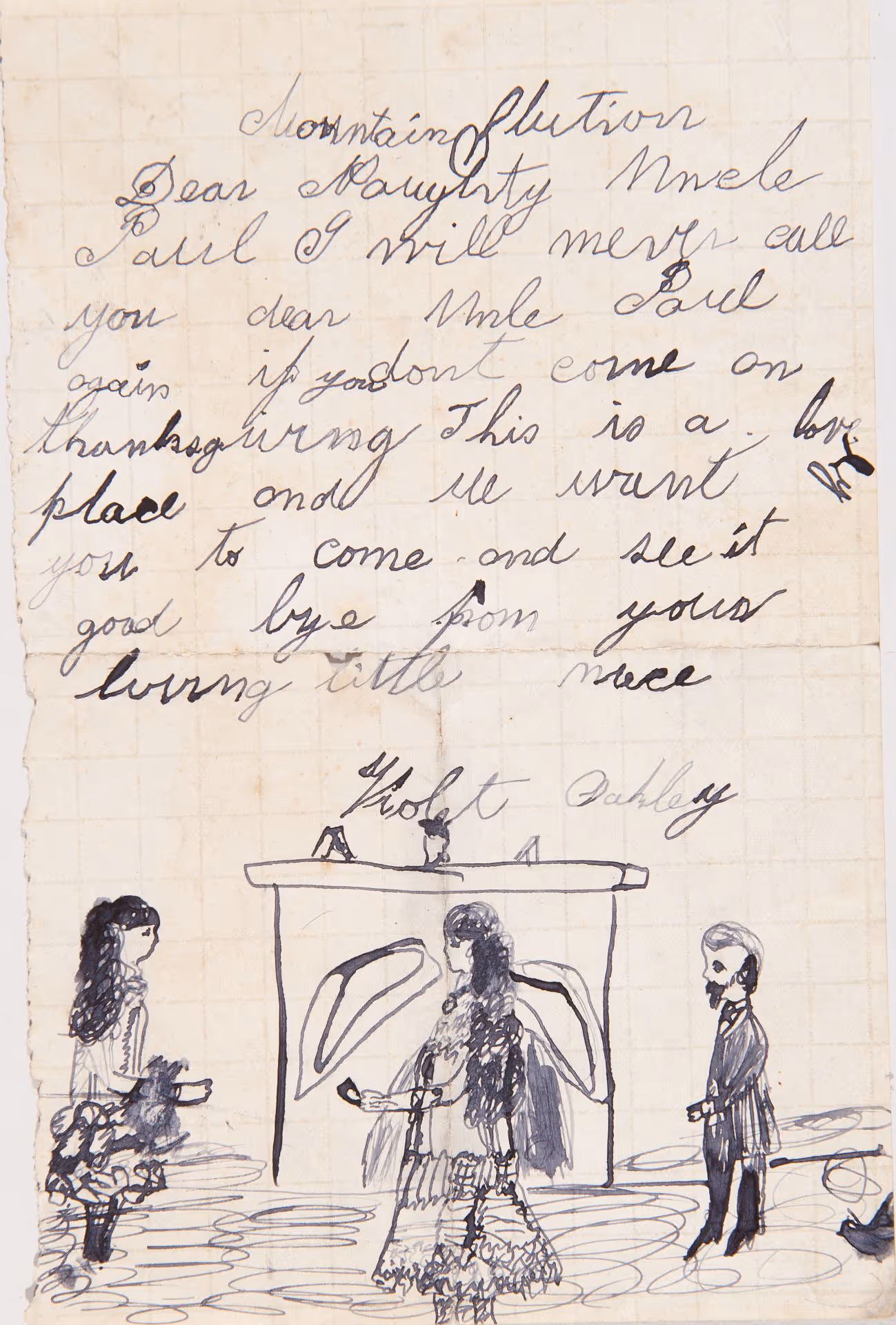Thanksgiving invitation [?] of two women and a man standing in front of fireplace
