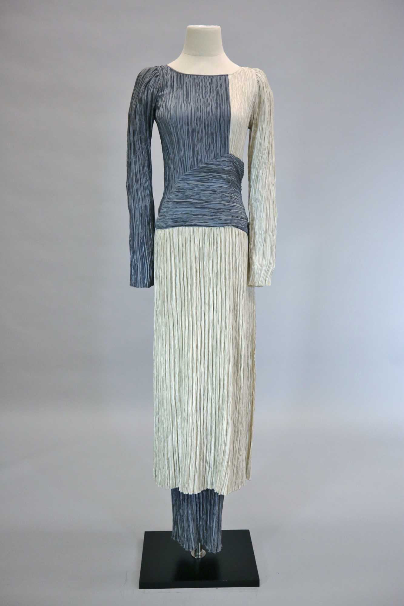 White & blue pleated evening gown