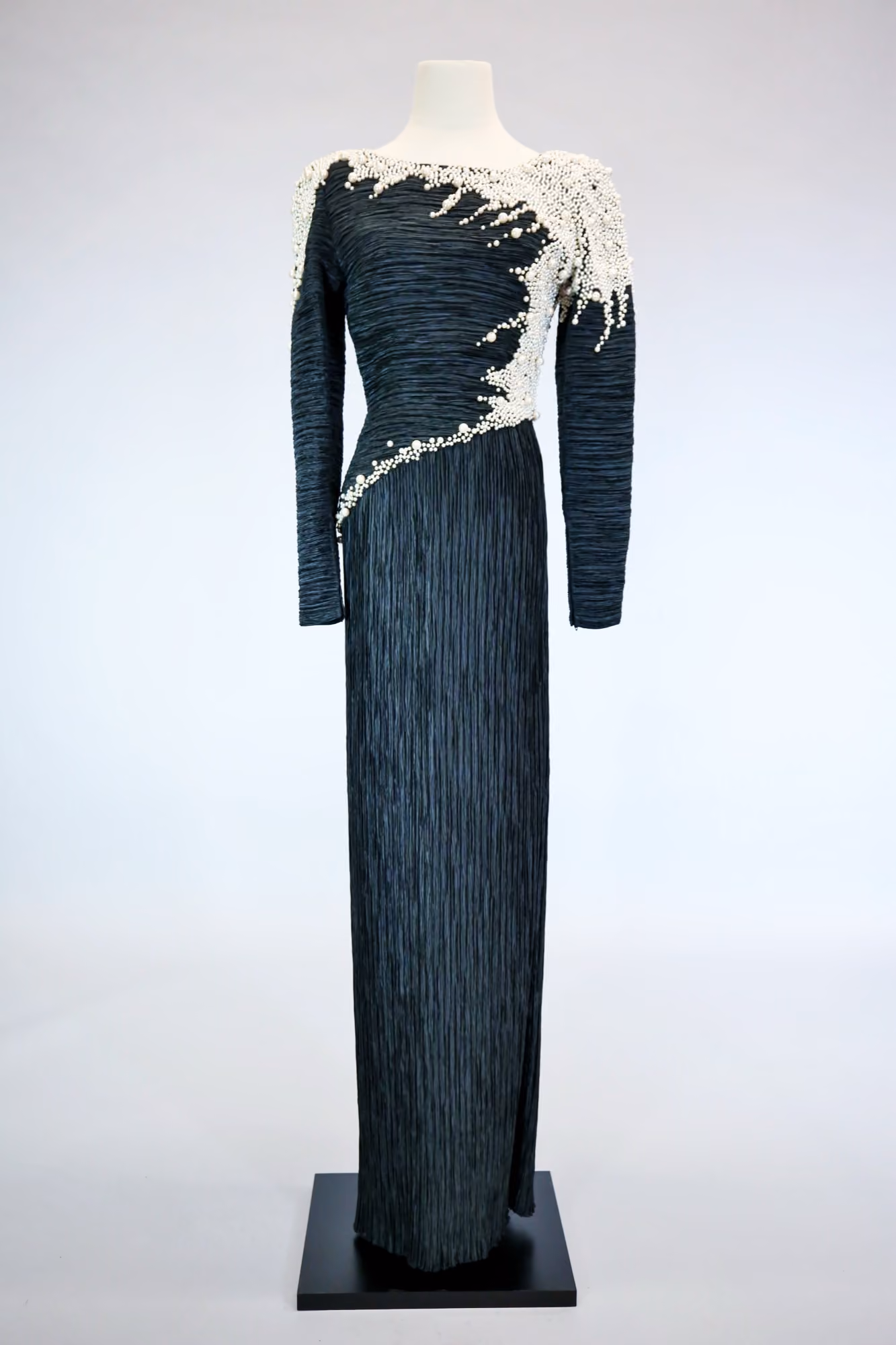 Black & white pleated evening gown