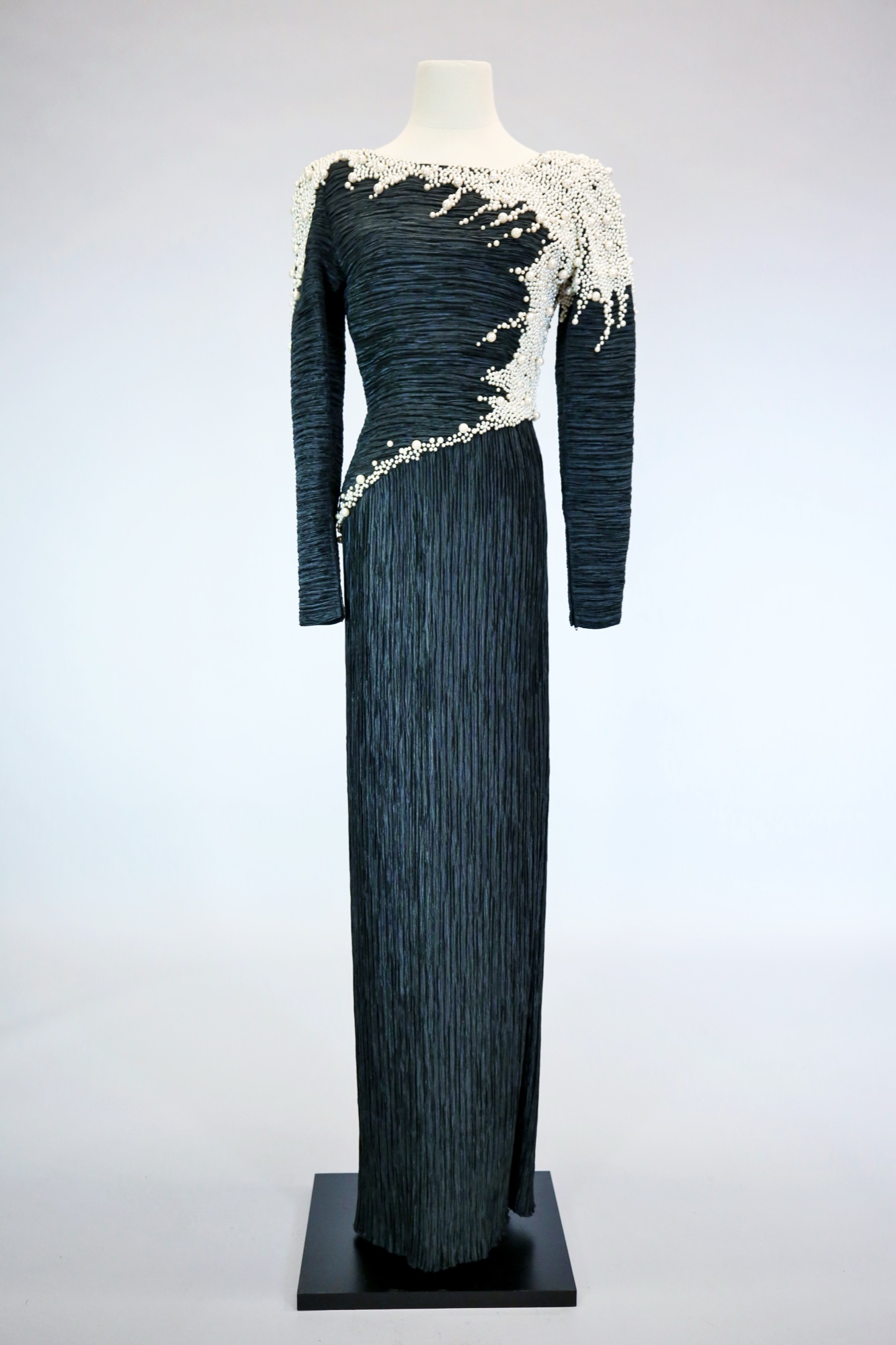 Black & white pleated evening gown