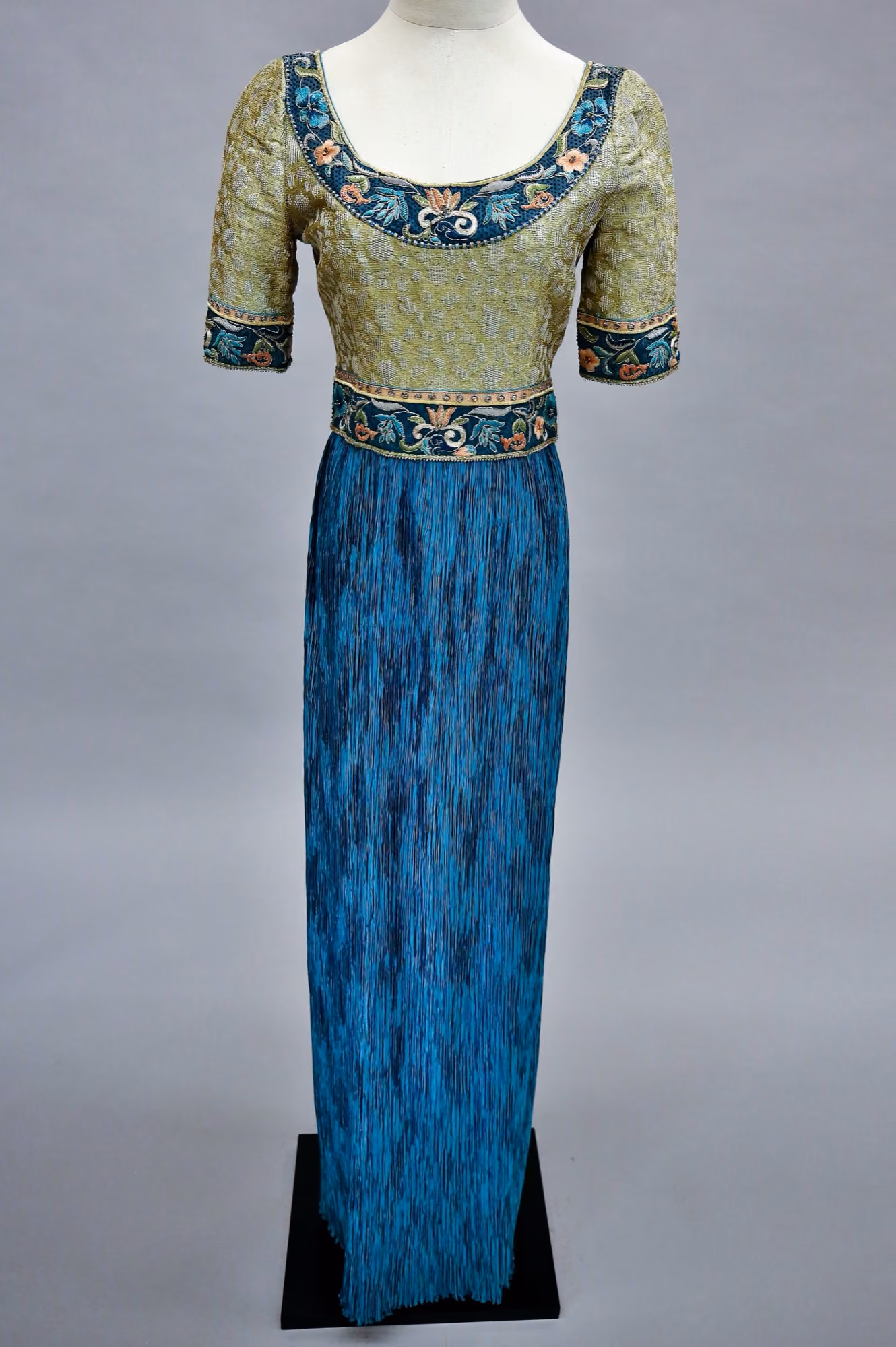 Blue & gold pleated evening gown