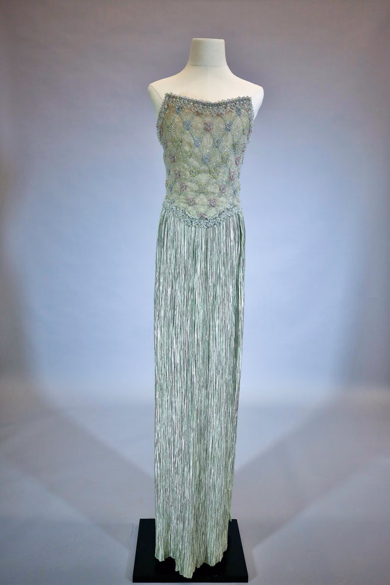 Sage pleated & beaded evening gown