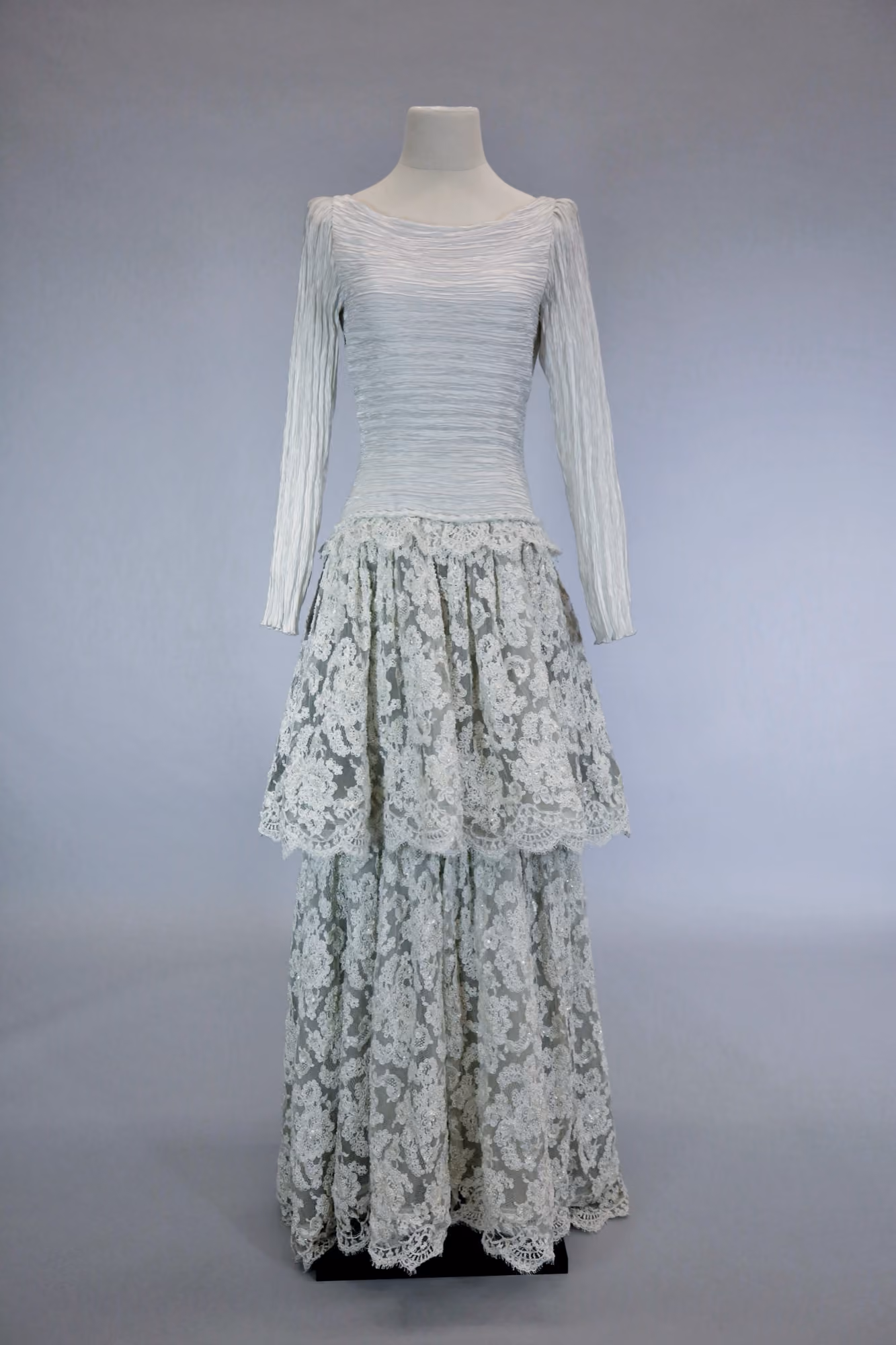 White pleated & pearl evening gown