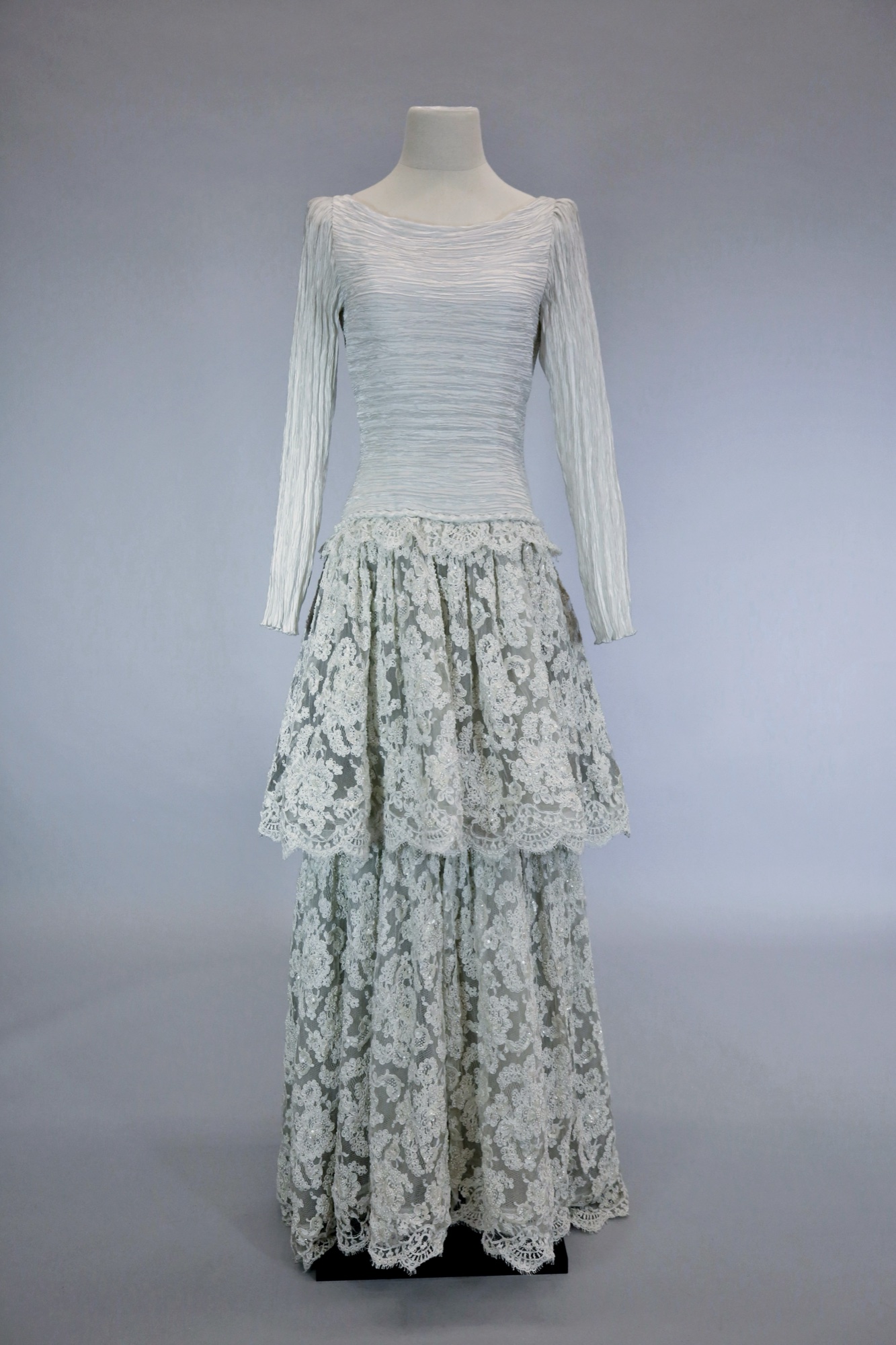 White pleated & pearl evening gown
