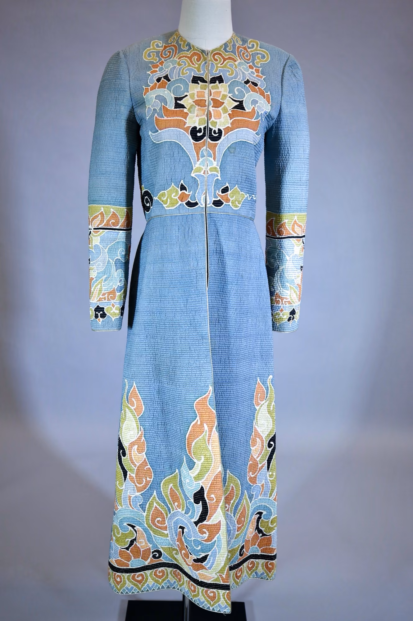 Blue floral quilted full length jacket