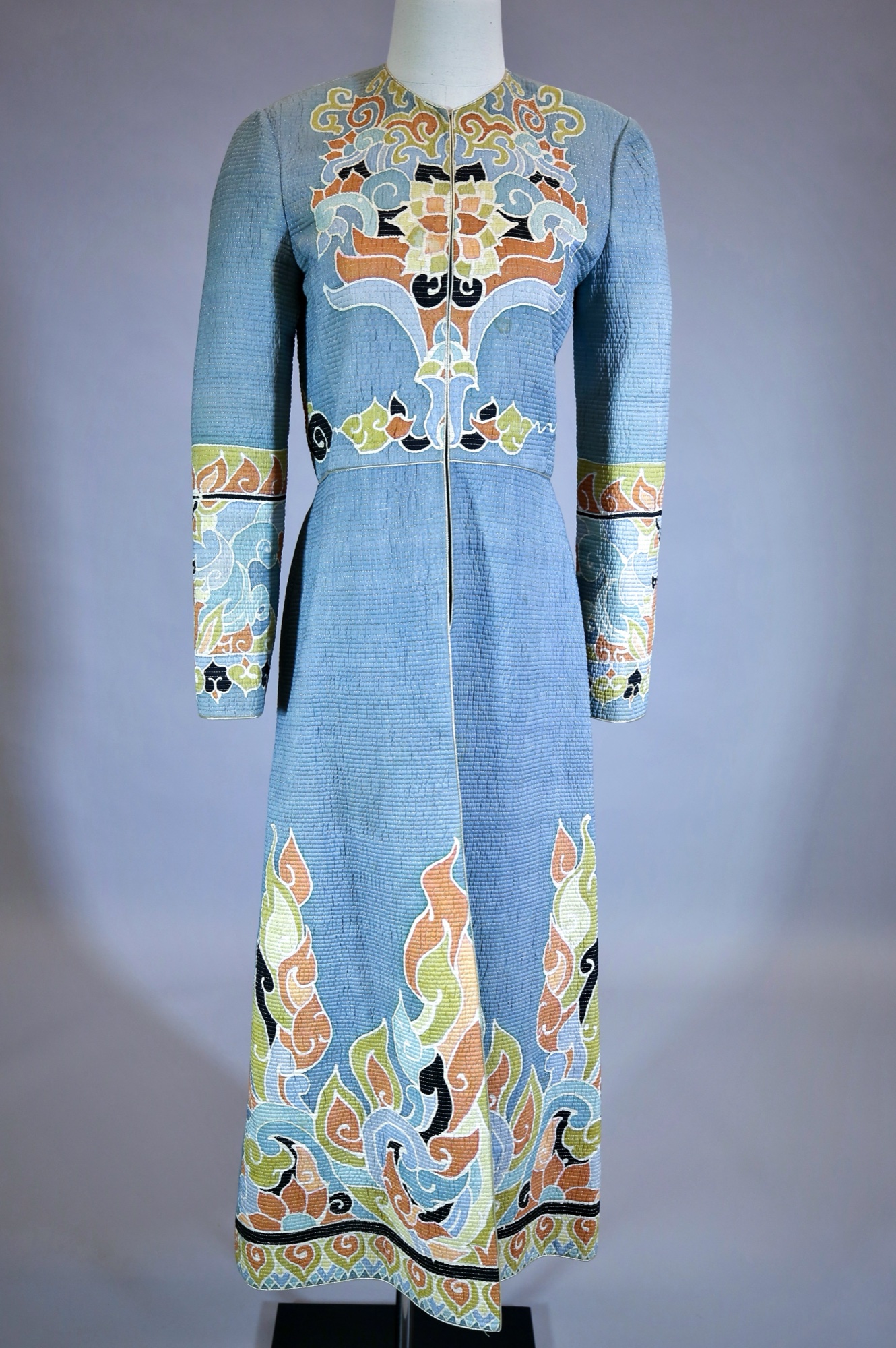 Blue floral quilted full length jacket