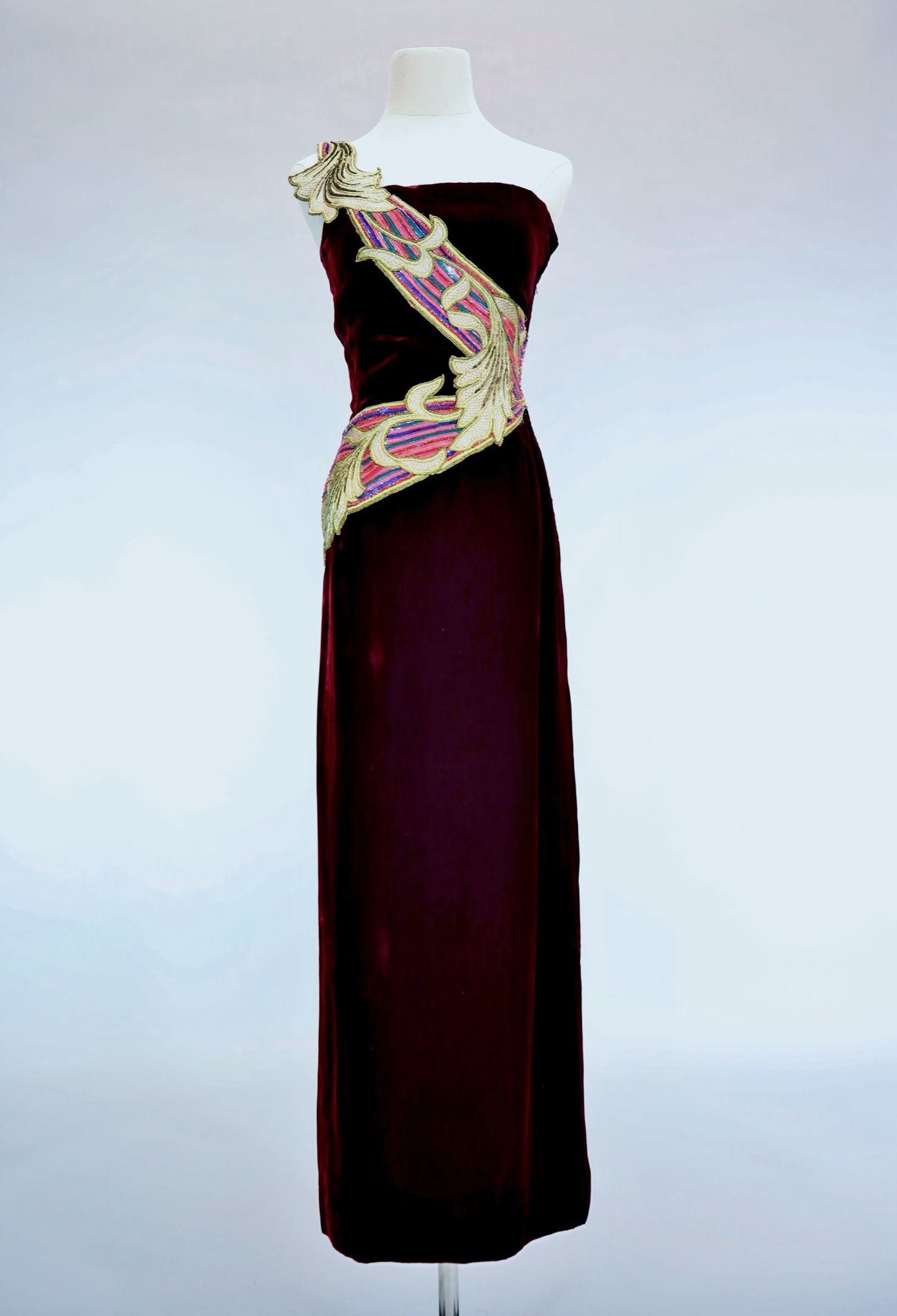 Red silk & velvet evening gown