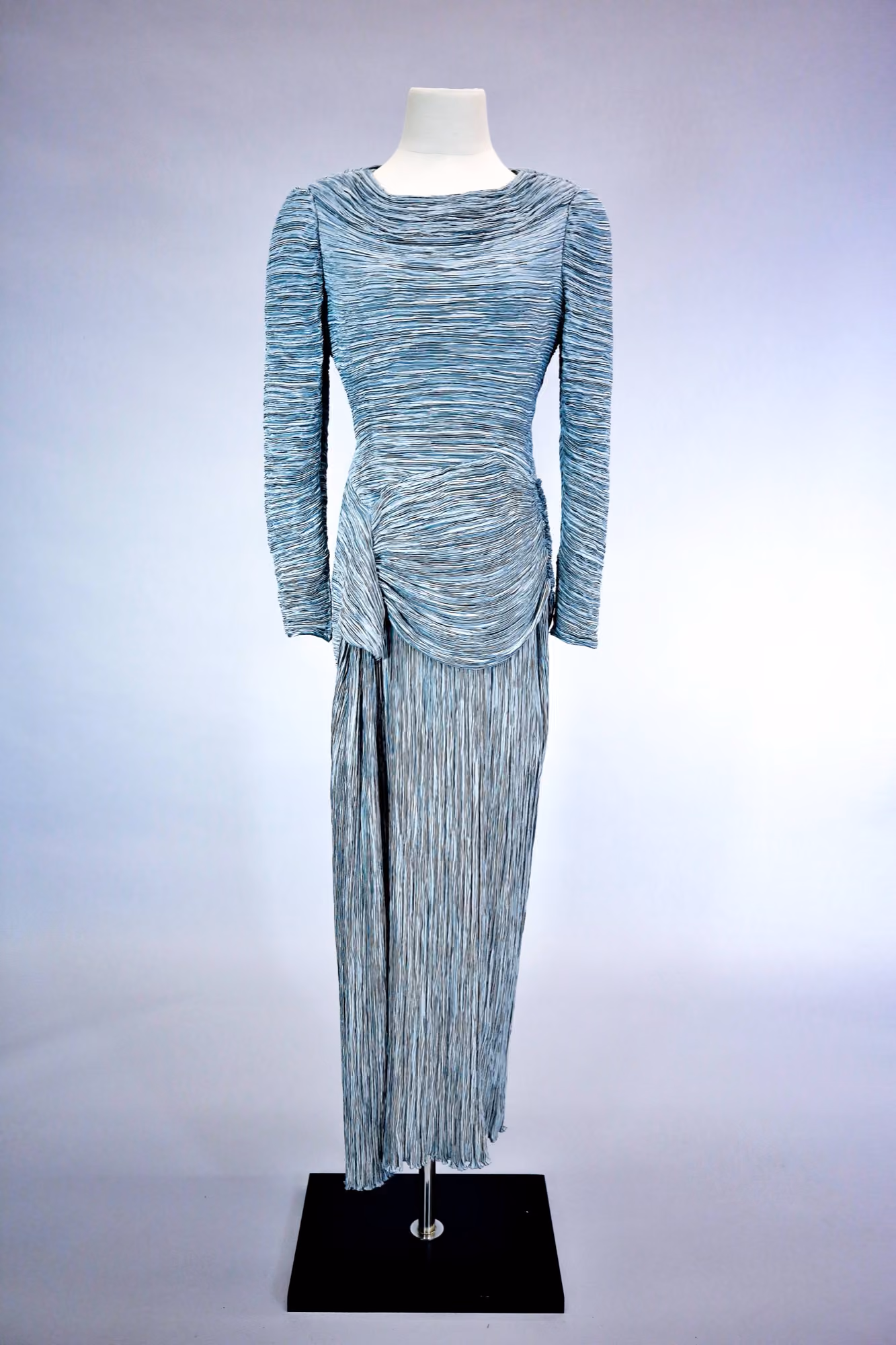 Blue pleated evening gown