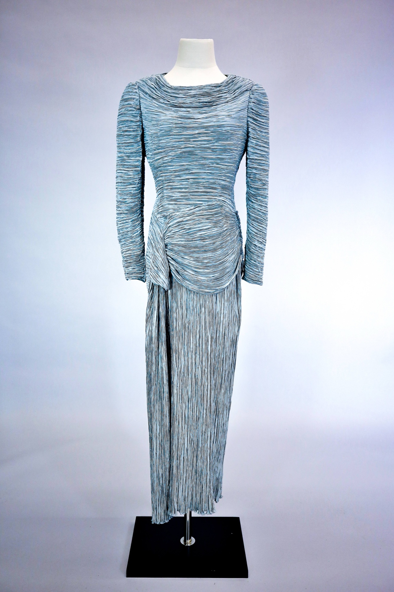 Blue pleated evening gown