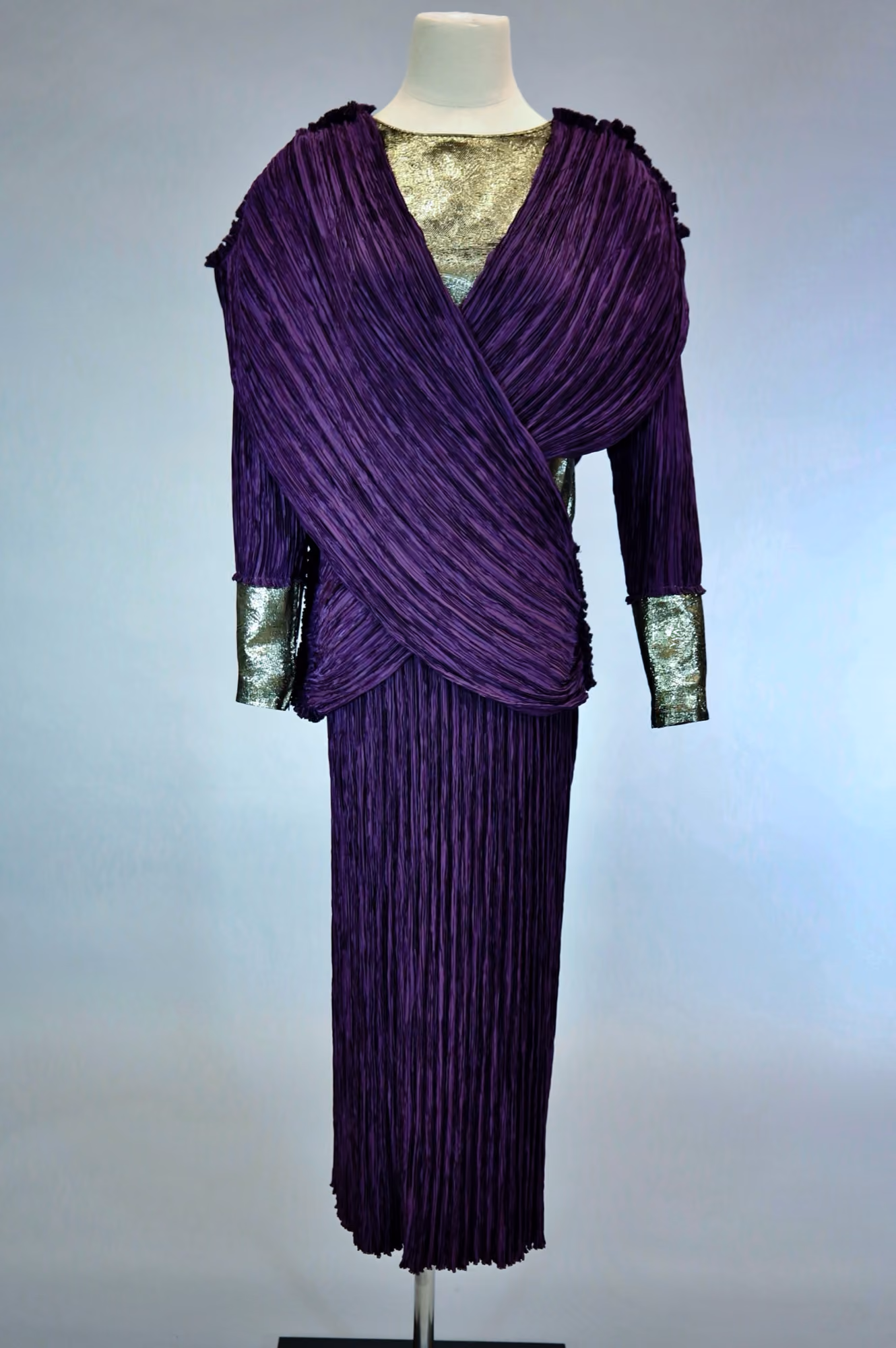 Purple drop waist pleated evening gown