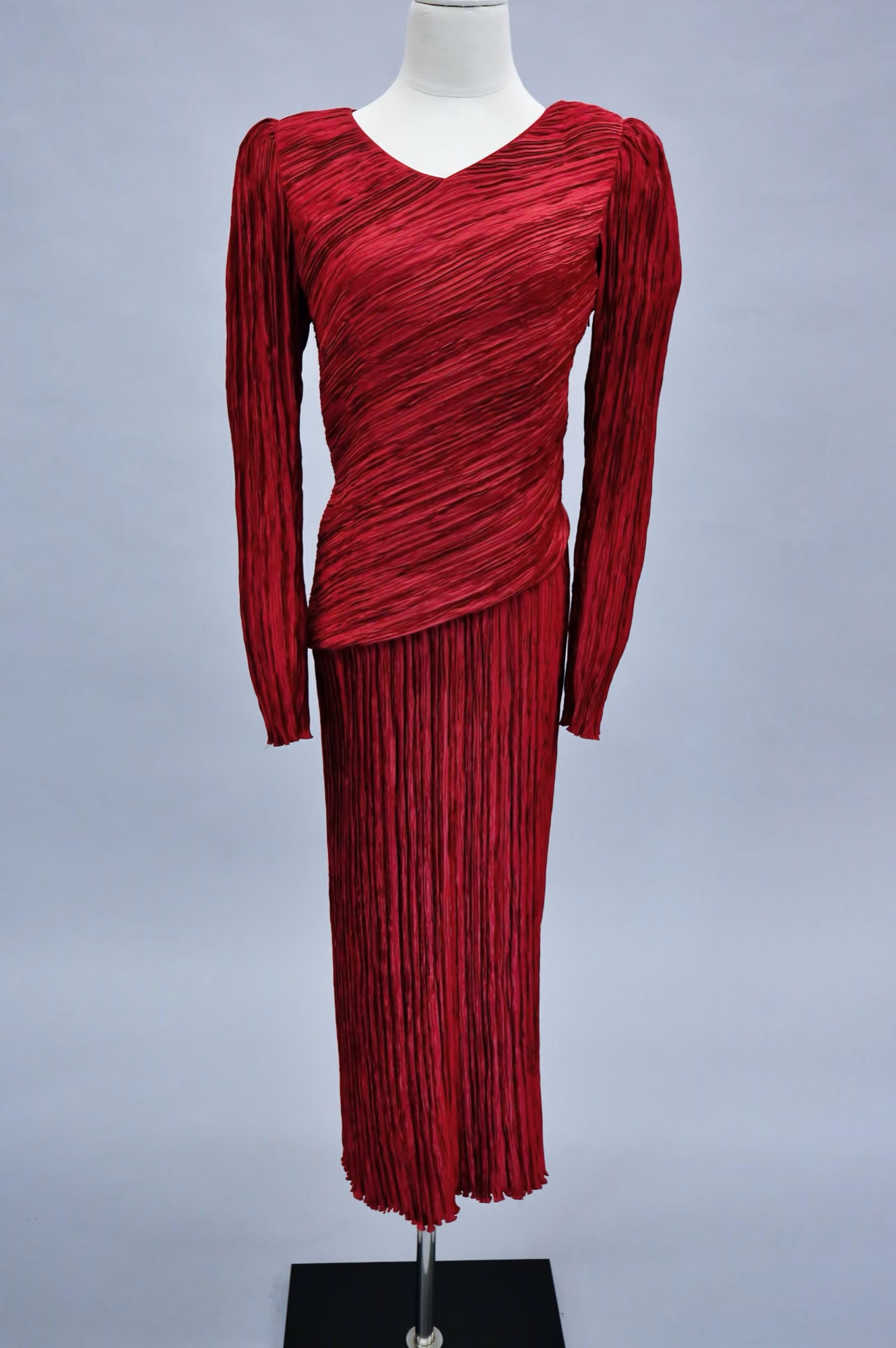 Red drop waist pleated evening gown