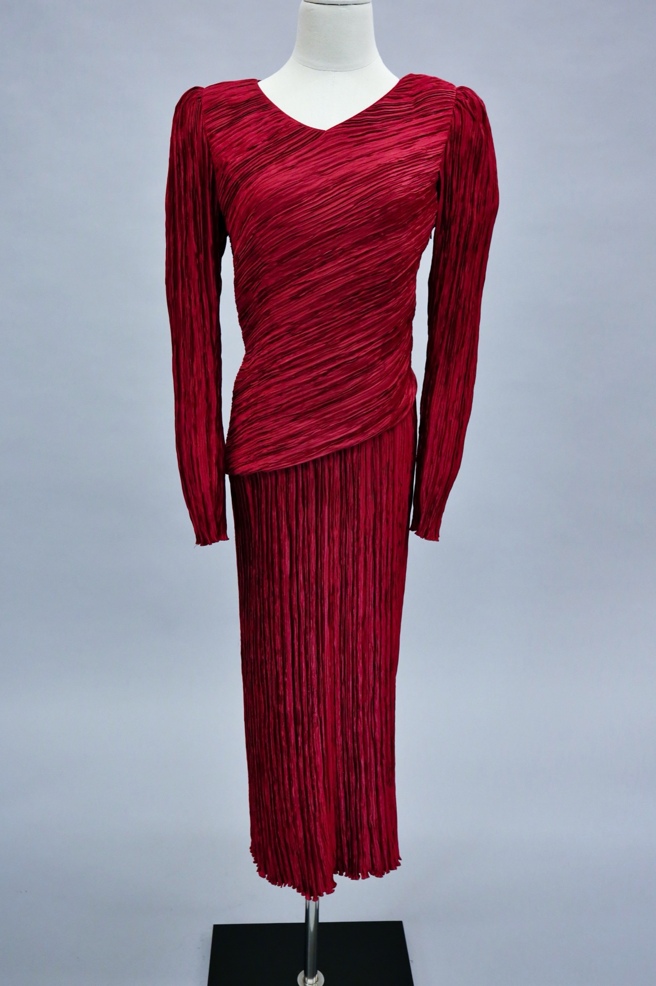Red drop waist pleated evening gown