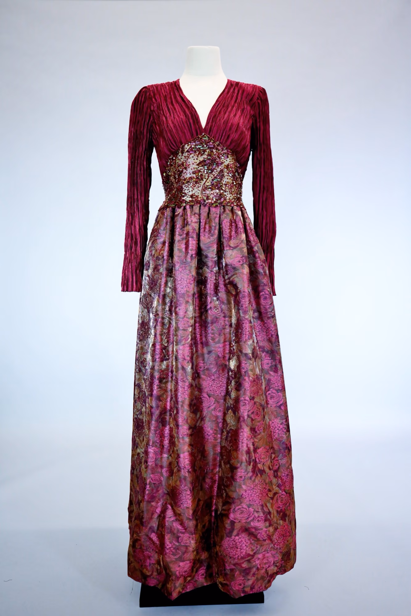 Red embellished evening gown