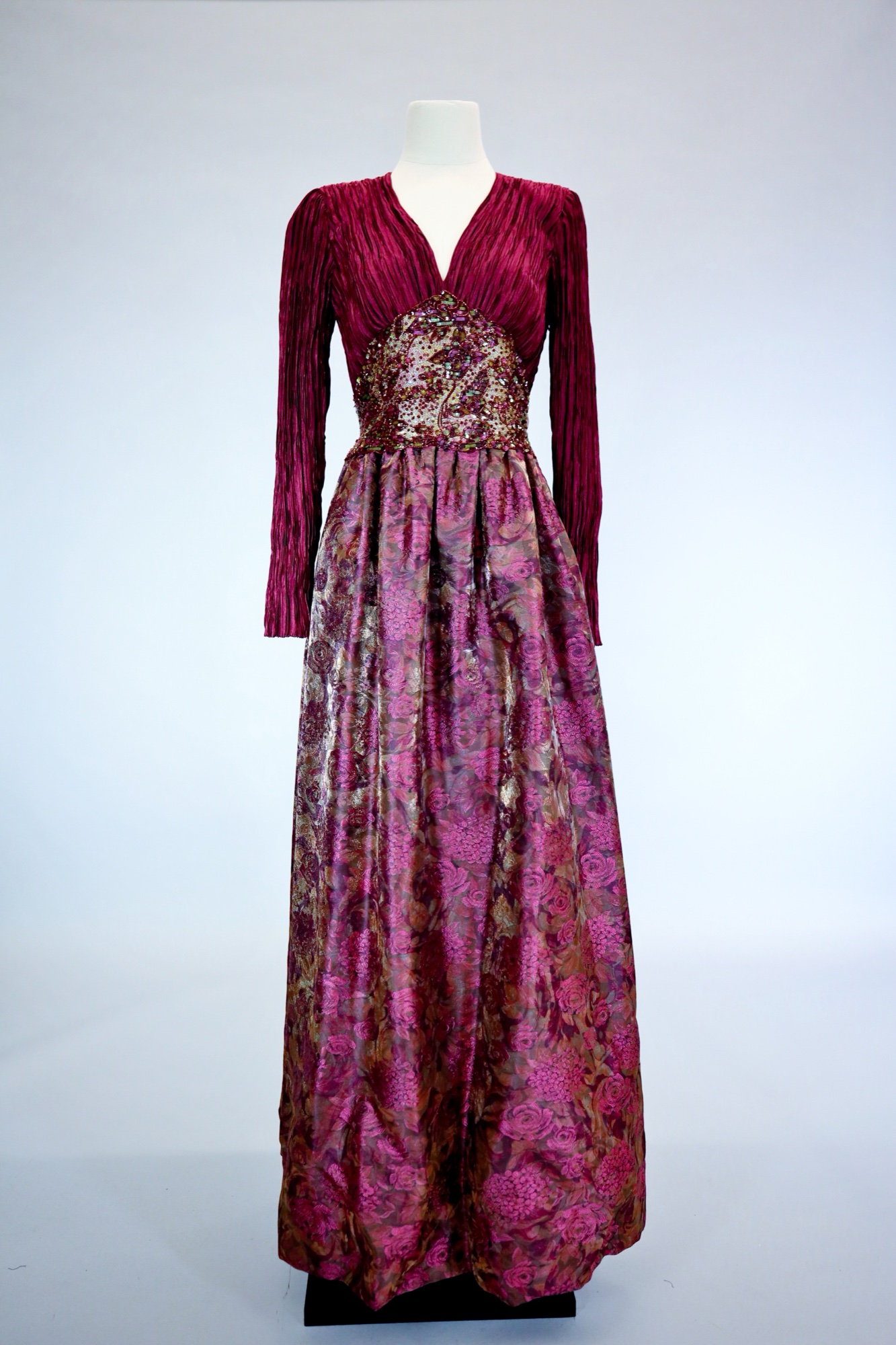 Red embellished evening gown