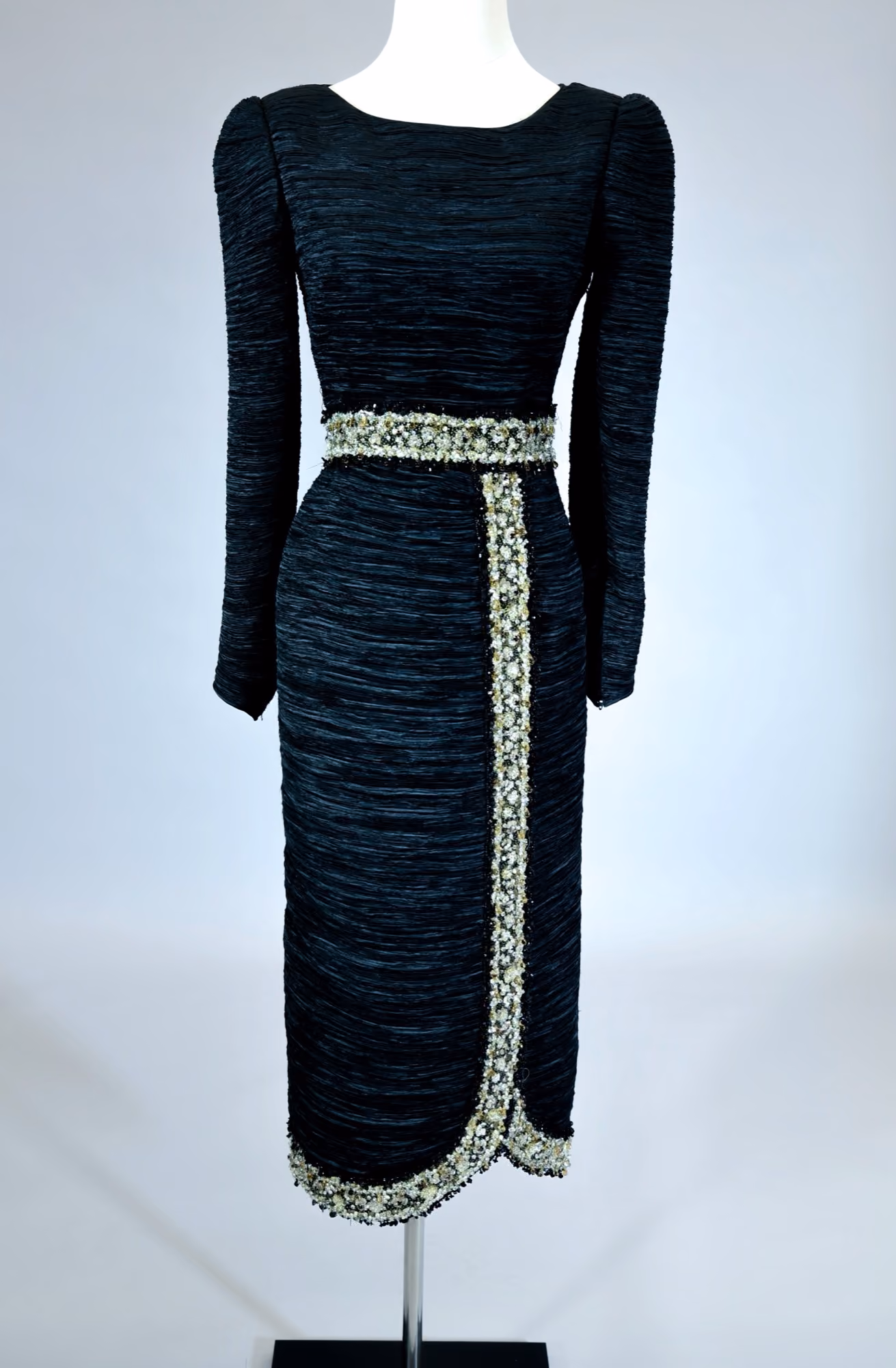 Black embellished pleated cocktail dress