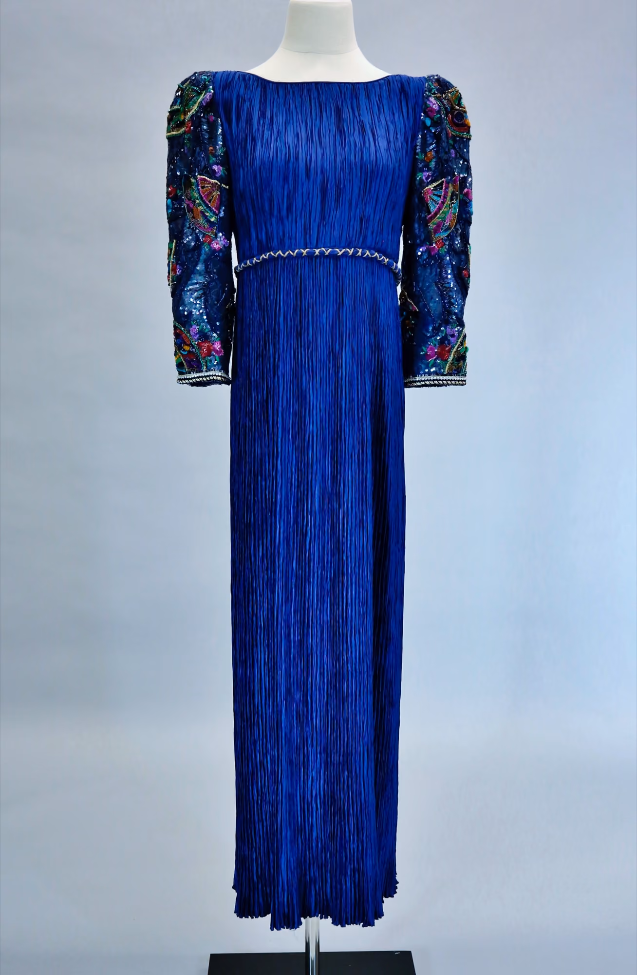 Blue & gold embellished pleated evening gown