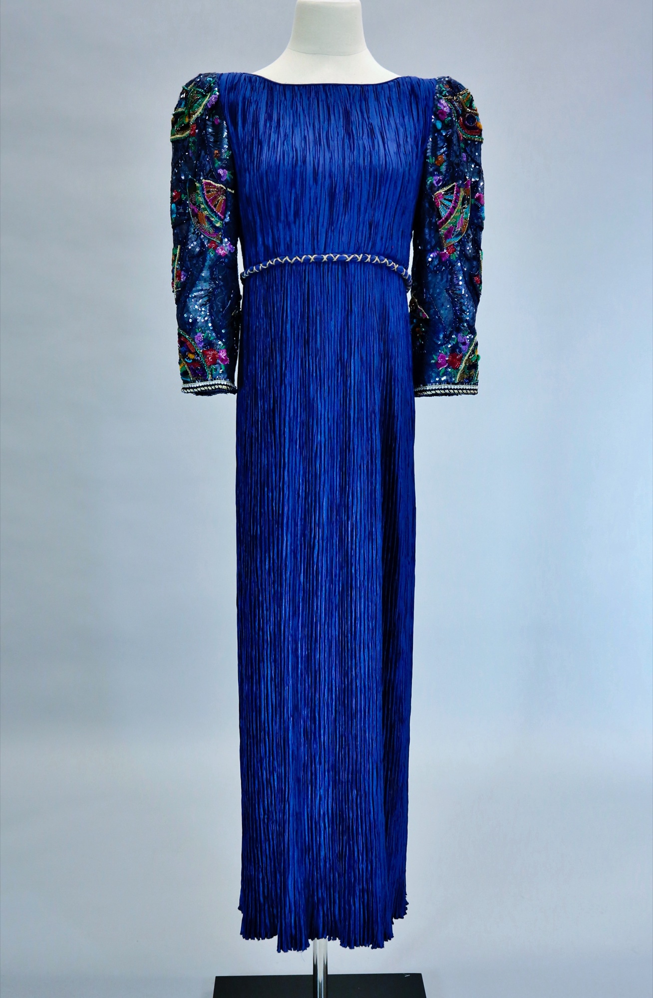 Blue & gold embellished pleated evening gown